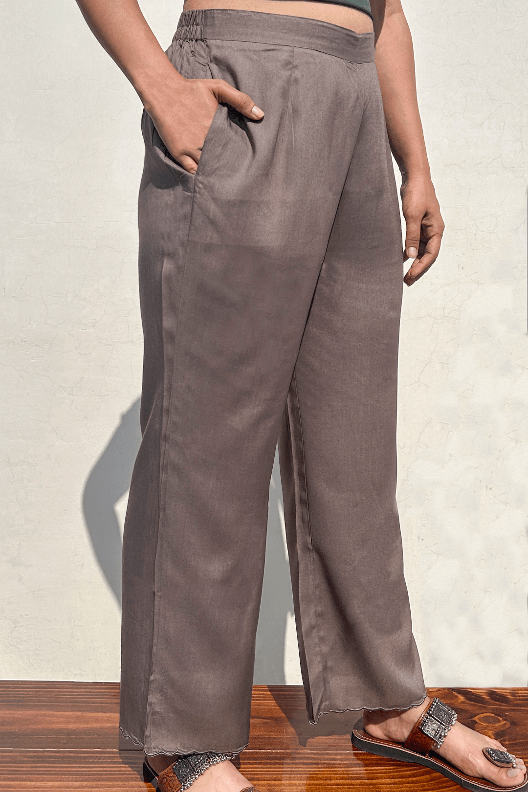 SLATE GREY SCALLOP MODAL WIDE LEG PANTS