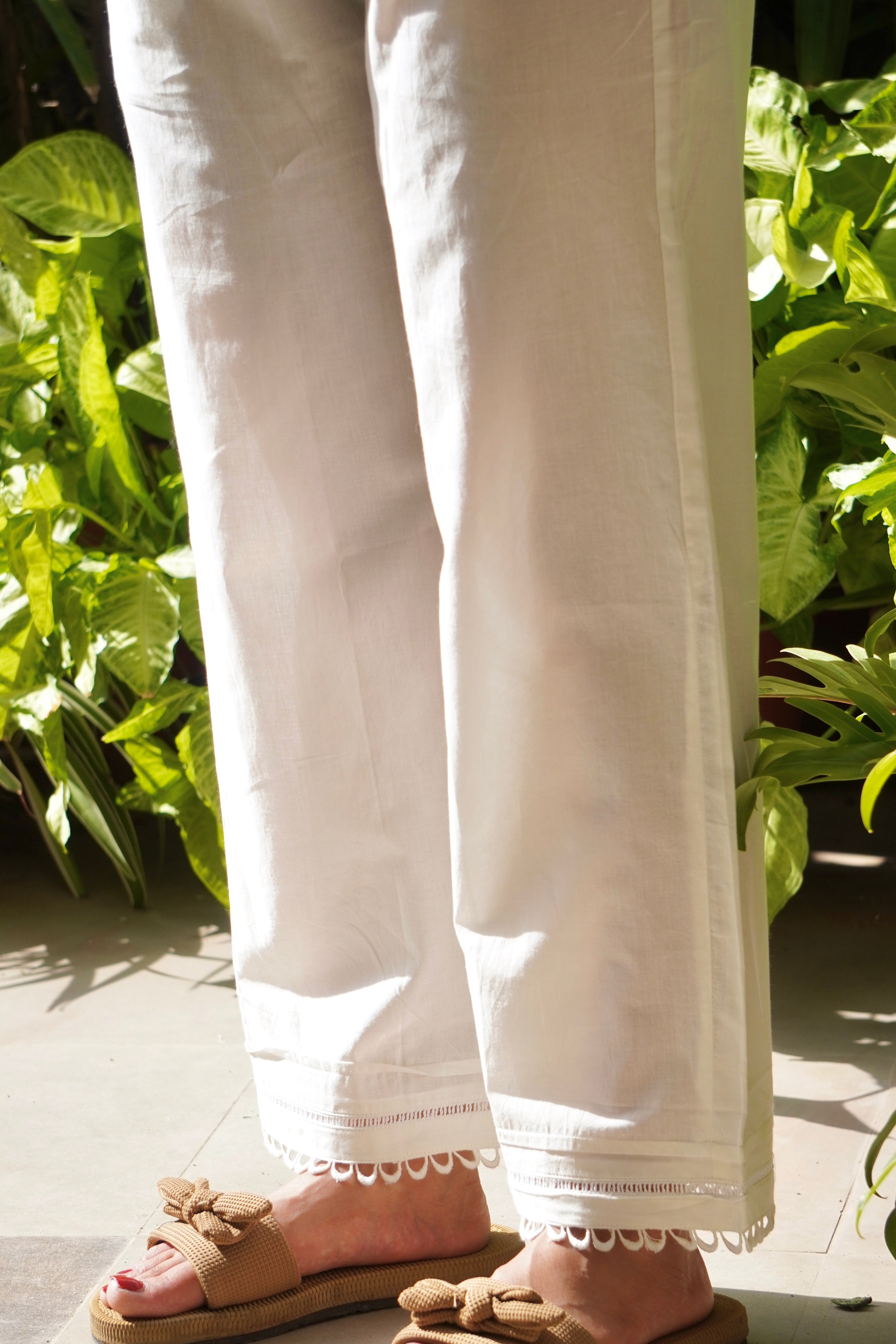 PEARL WHITE SCALLOP LACE COTTON WIDE LEG PANTS