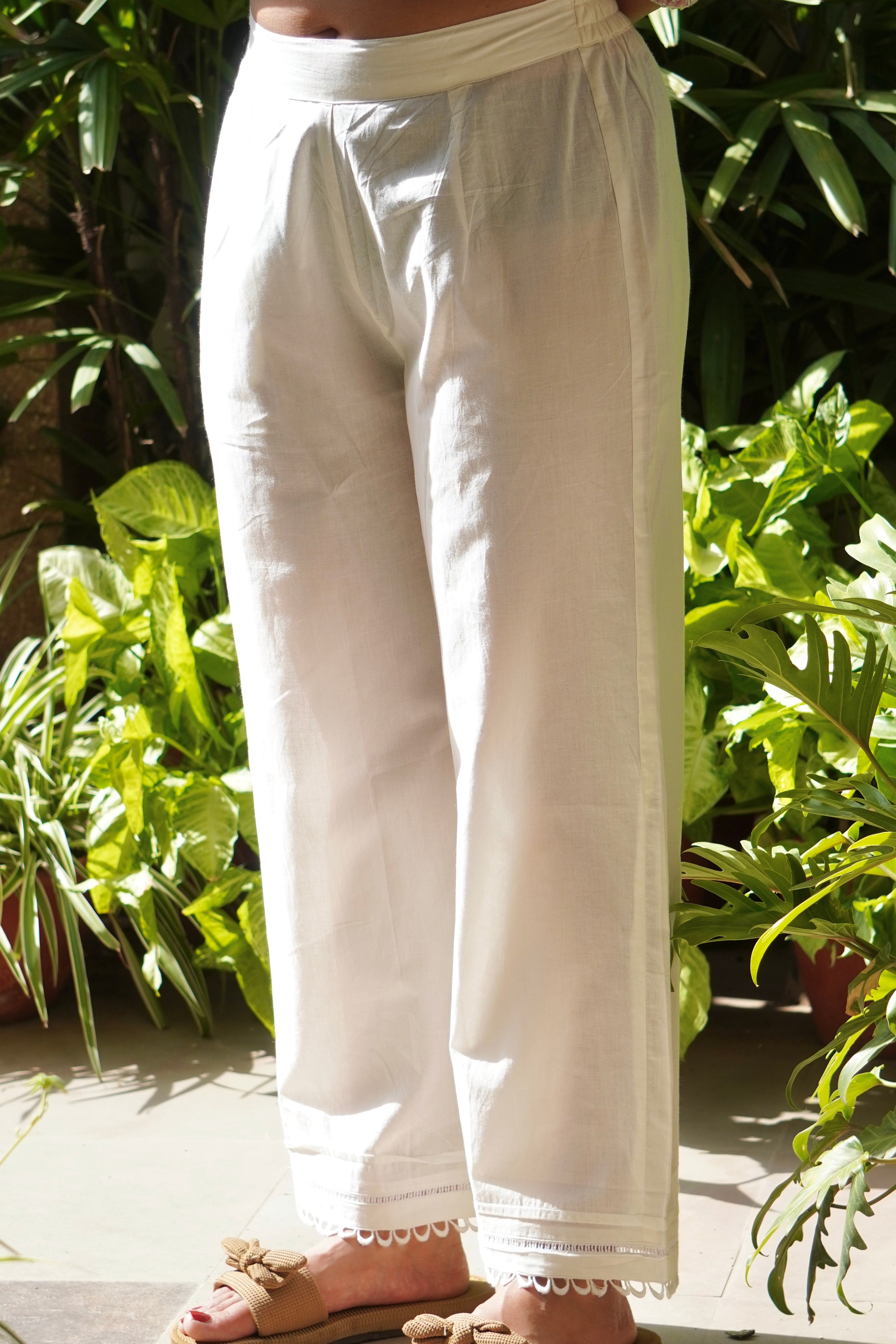 PEARL WHITE SCALLOP LACE COTTON WIDE LEG PANTS