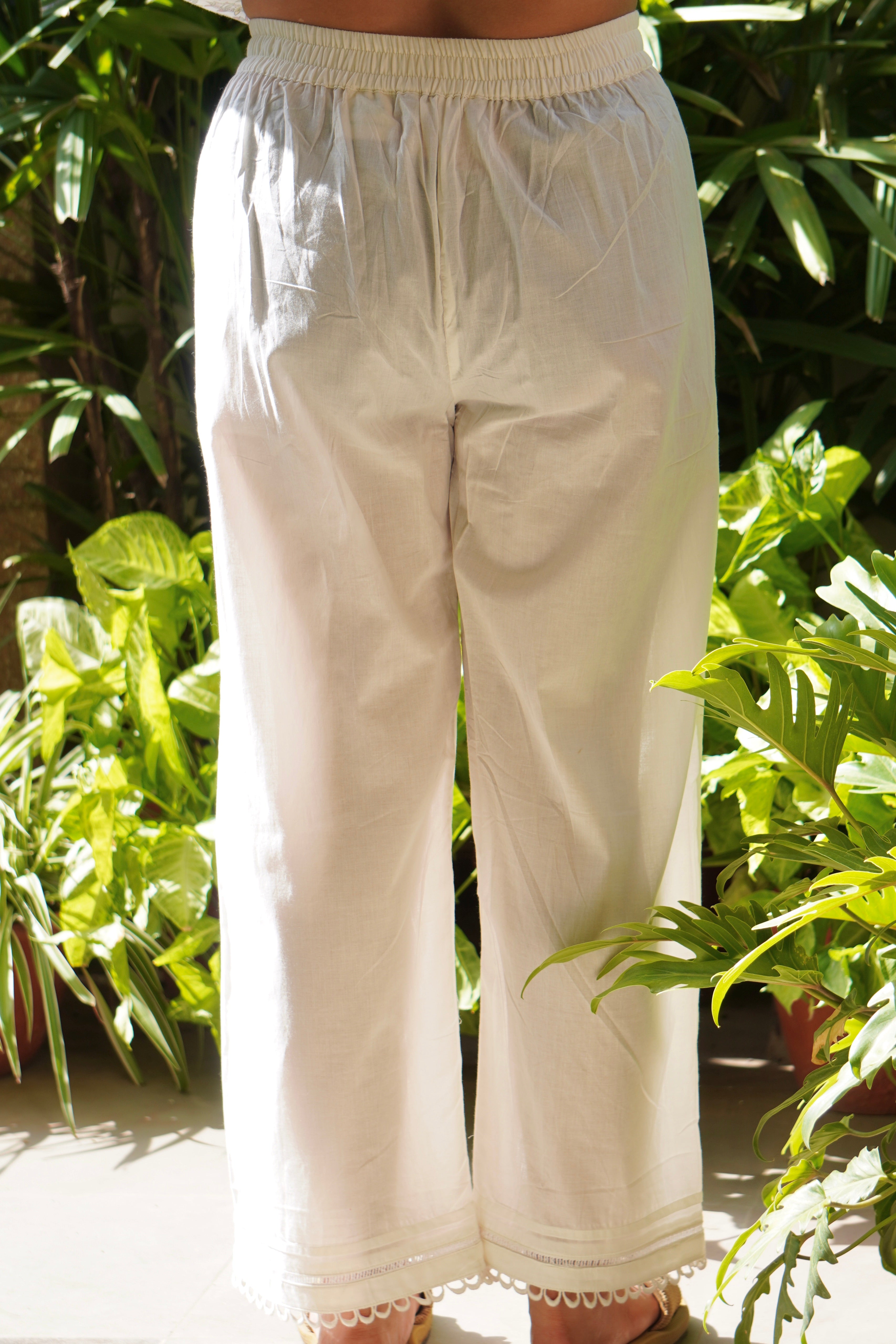 PEARL WHITE SCALLOP LACE COTTON WIDE LEG PANTS