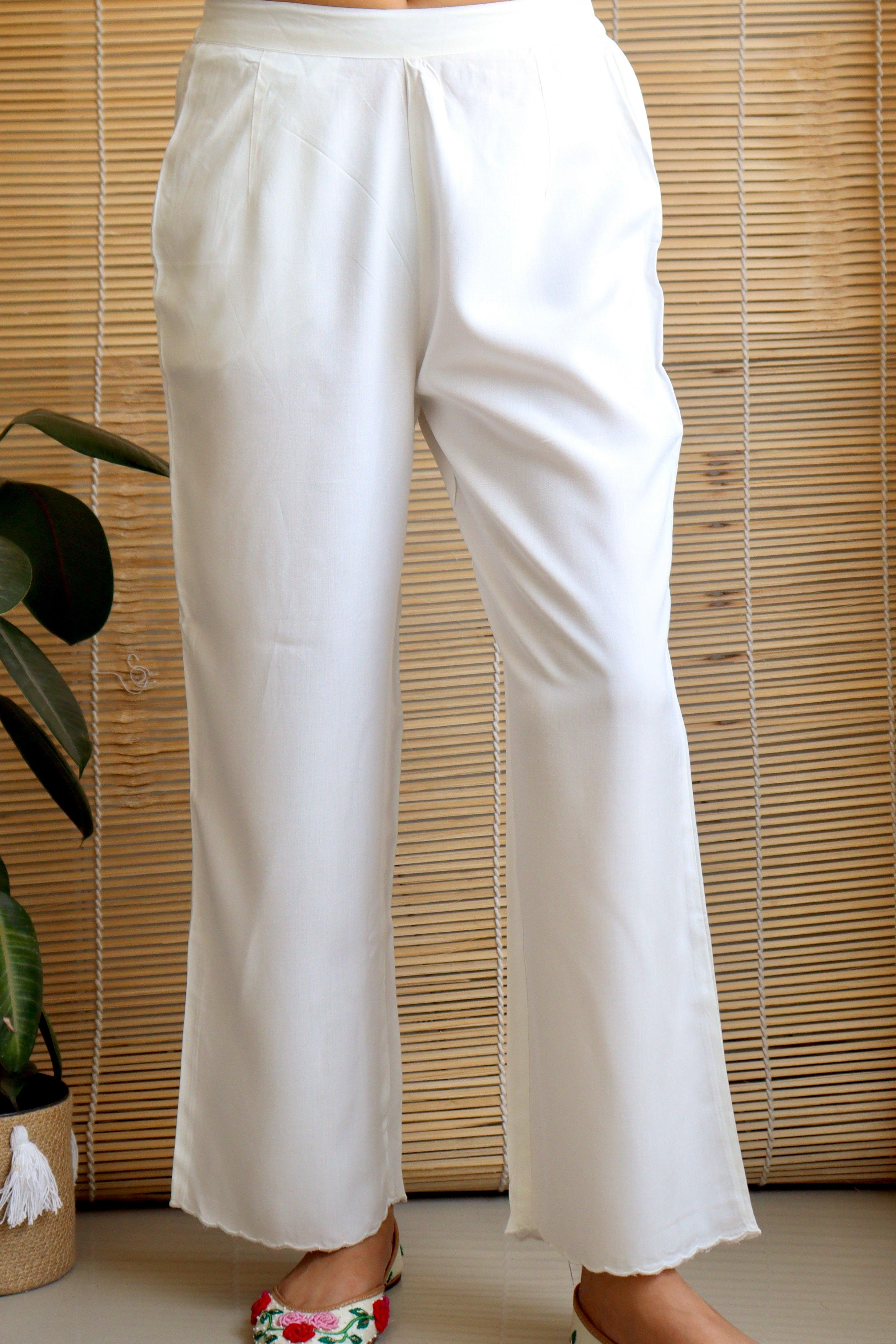 PEARL WHITE SCALLOP COTTON WIDE LEG PANTS