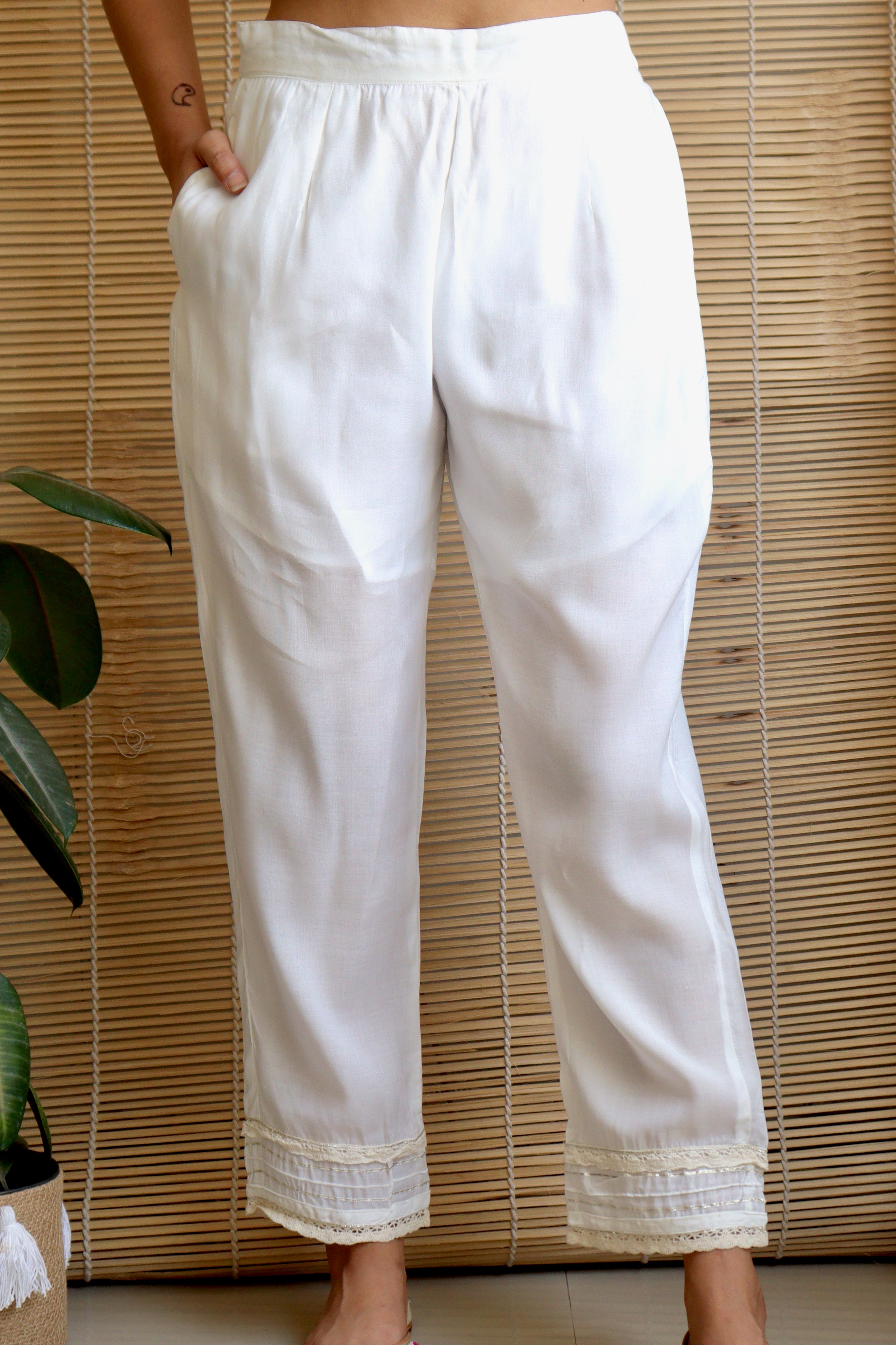PEARL WHITE MULTILACE COTTON STRAIGHT PANTS