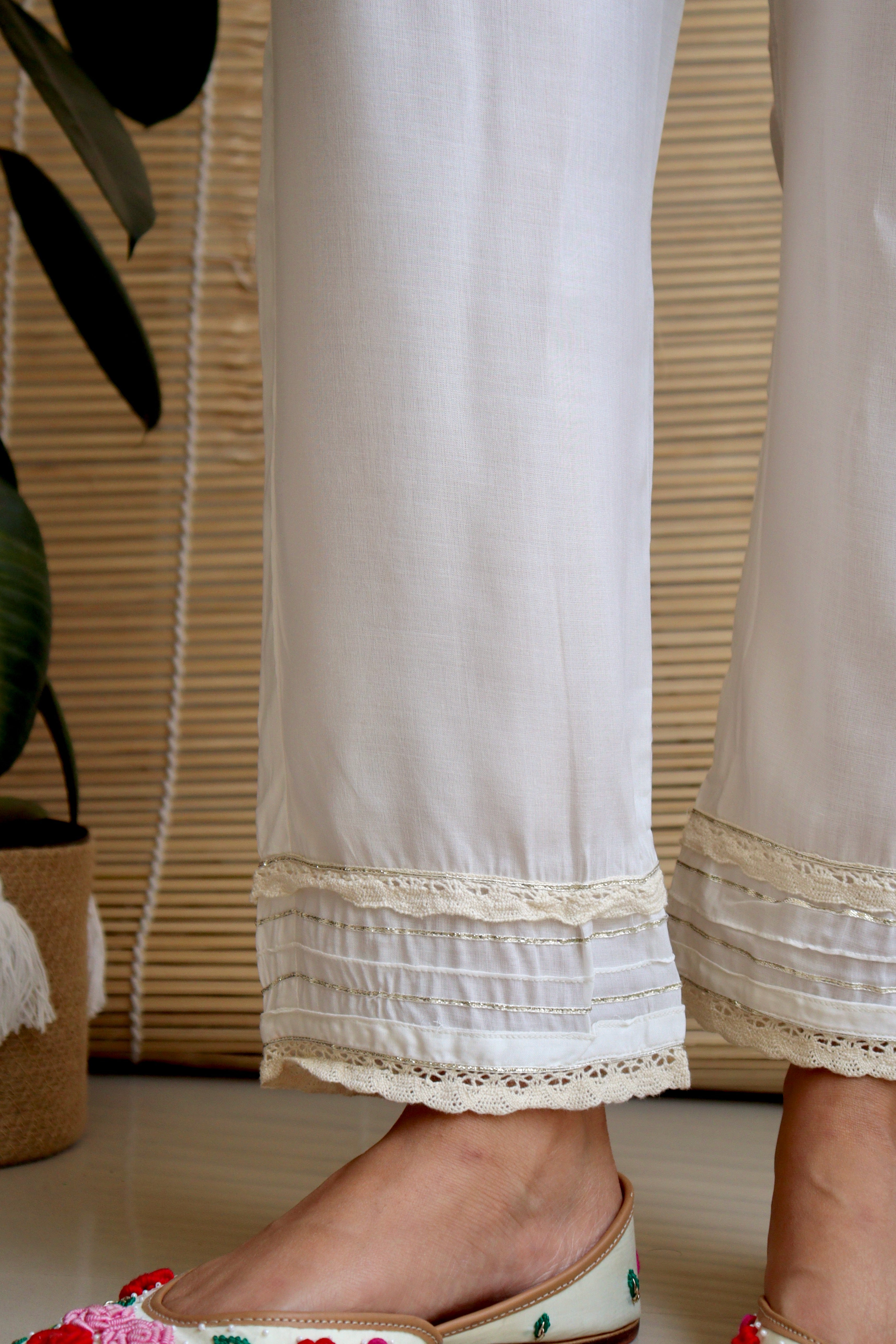 PEARL WHITE MULTILACE COTTON STRAIGHT PANTS