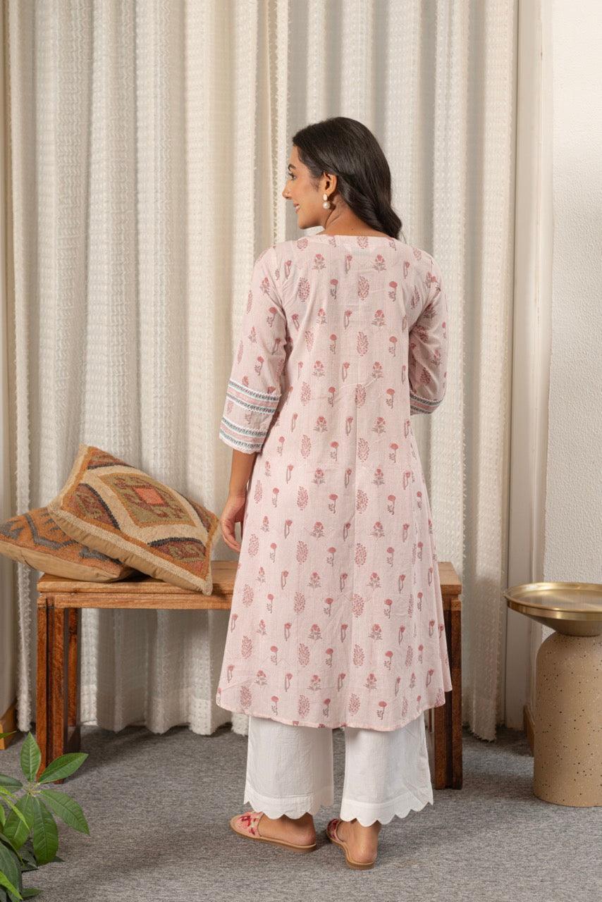 FLAMINGO PINK COTTON PRINTED KURTA
