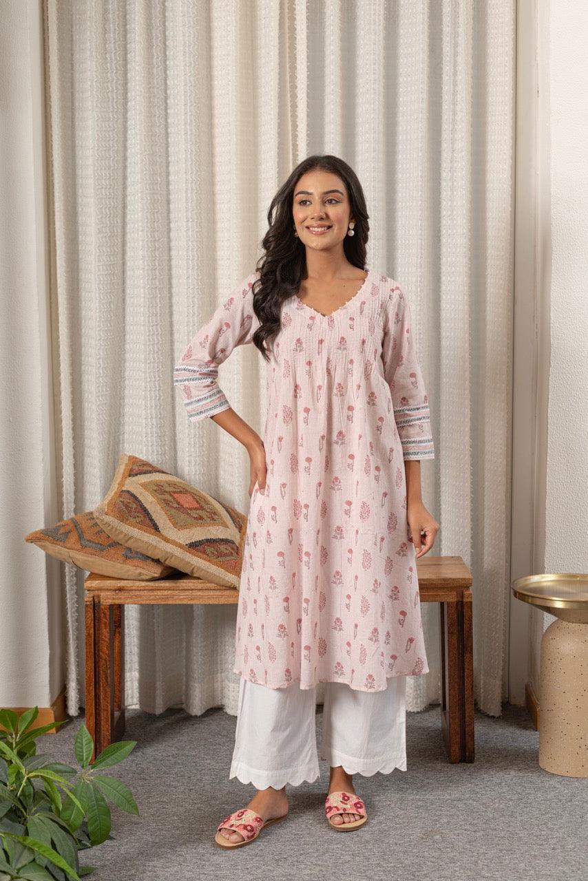 FLAMINGO PINK COTTON PRINTED KURTA