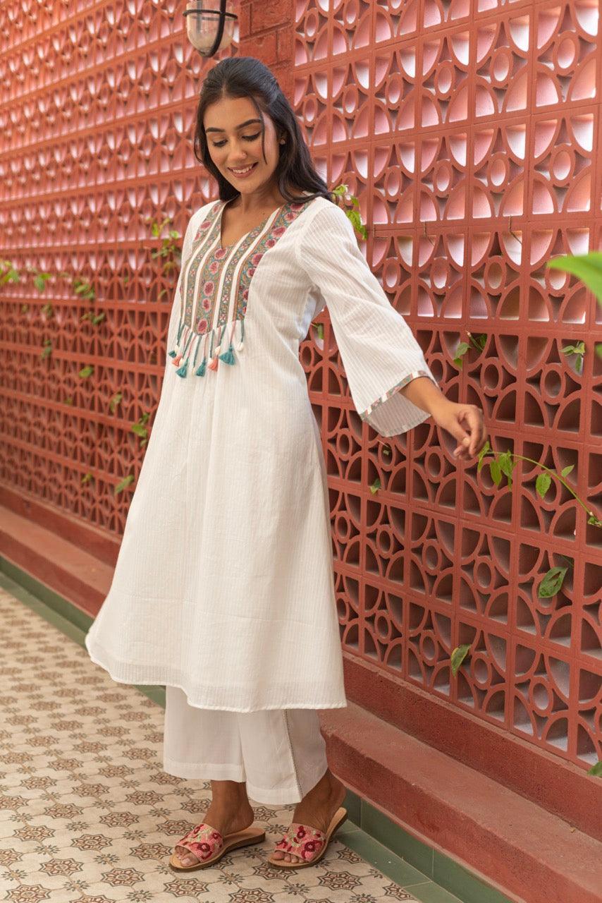 DOVE WHITE COTTON KURTA SET