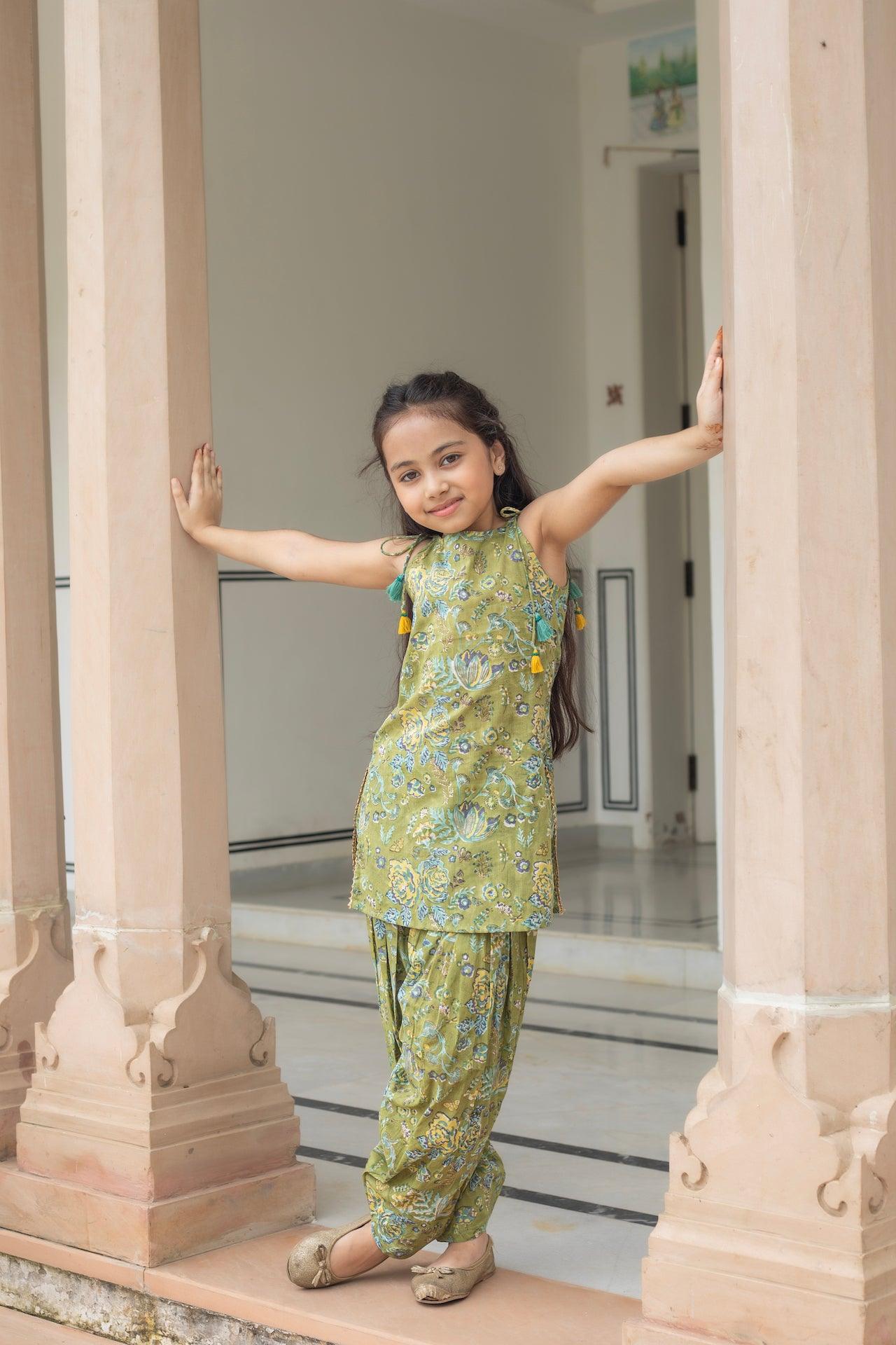 TINKERBELL GREEN COTTON FLORAL SALWAR SUIT SET