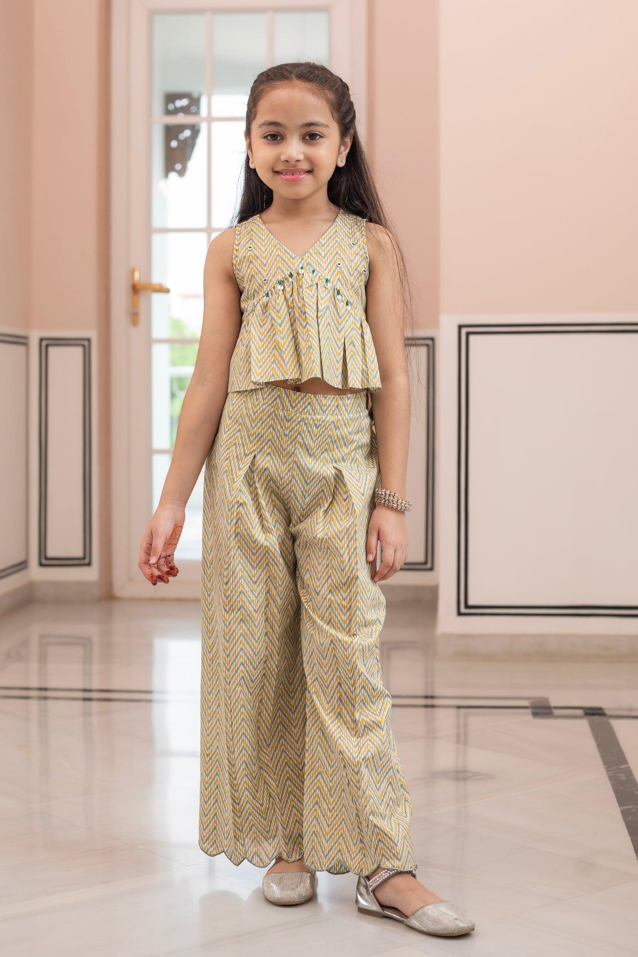 Girls' Cotton Solid Front Open Top With Trouser Co-Ord Set