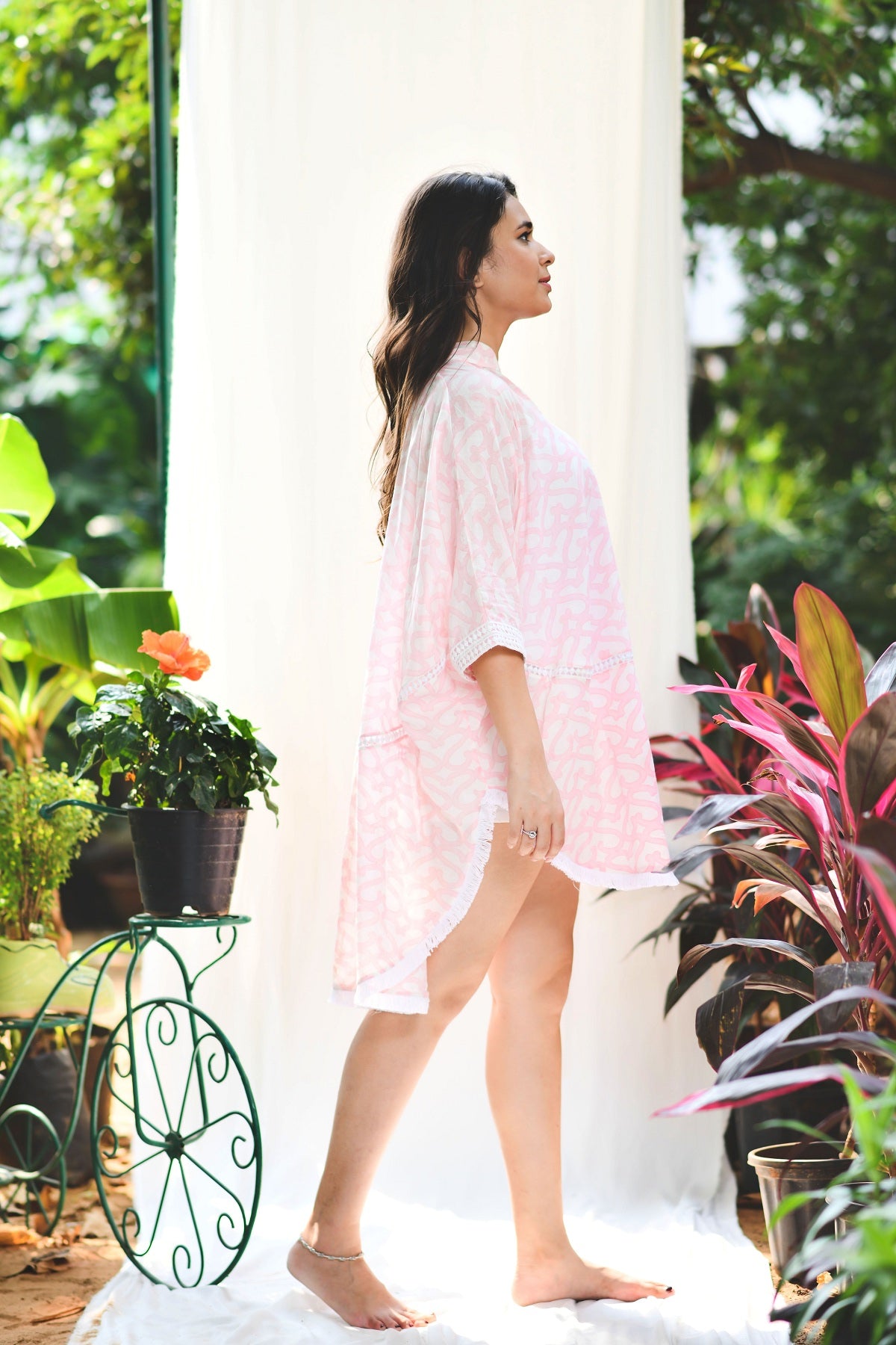 SOFT PINK SHORT KAFTAN WITH COTTON LACE