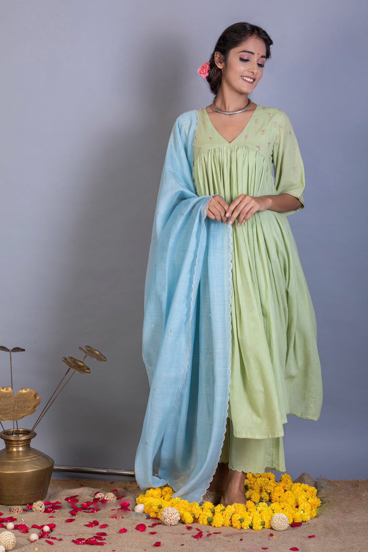 AAMODINI SALMA-AARI KURTA SET - MINT GREEN
