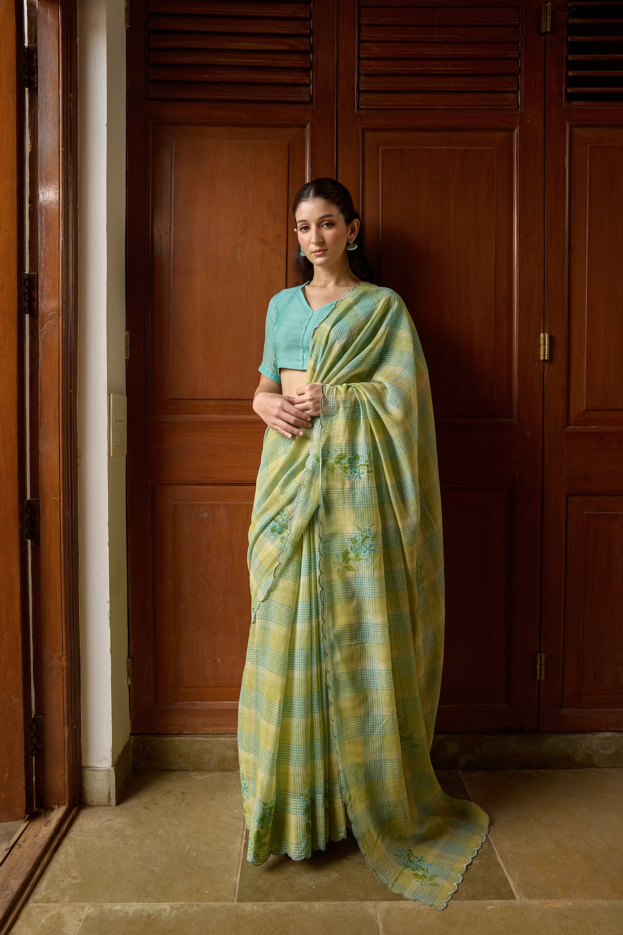 NERINE SKY SAREE WITH STITCHED BLOUSE