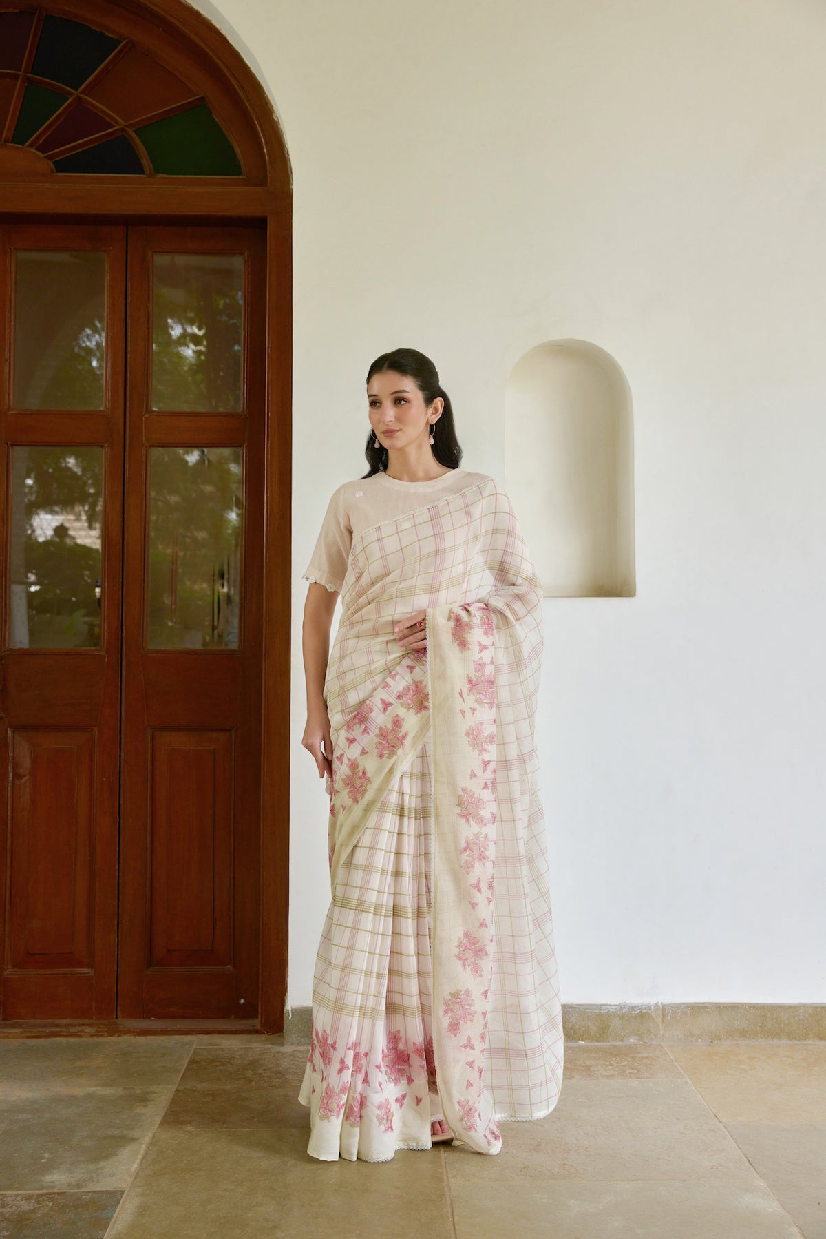 PETAL PLAID SAREE WITH STITCHED BLOUSE