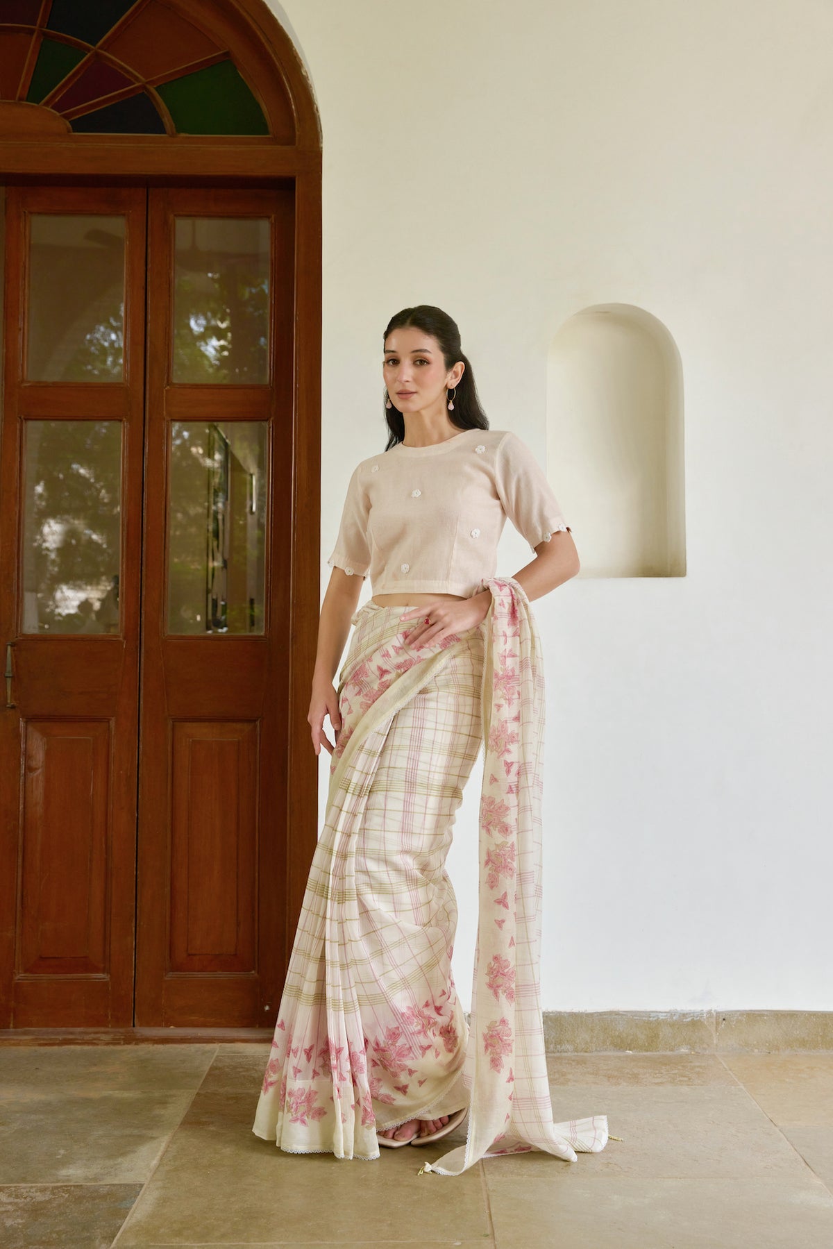 PETAL PLAID SAREE WITH STITCHED BLOUSE
