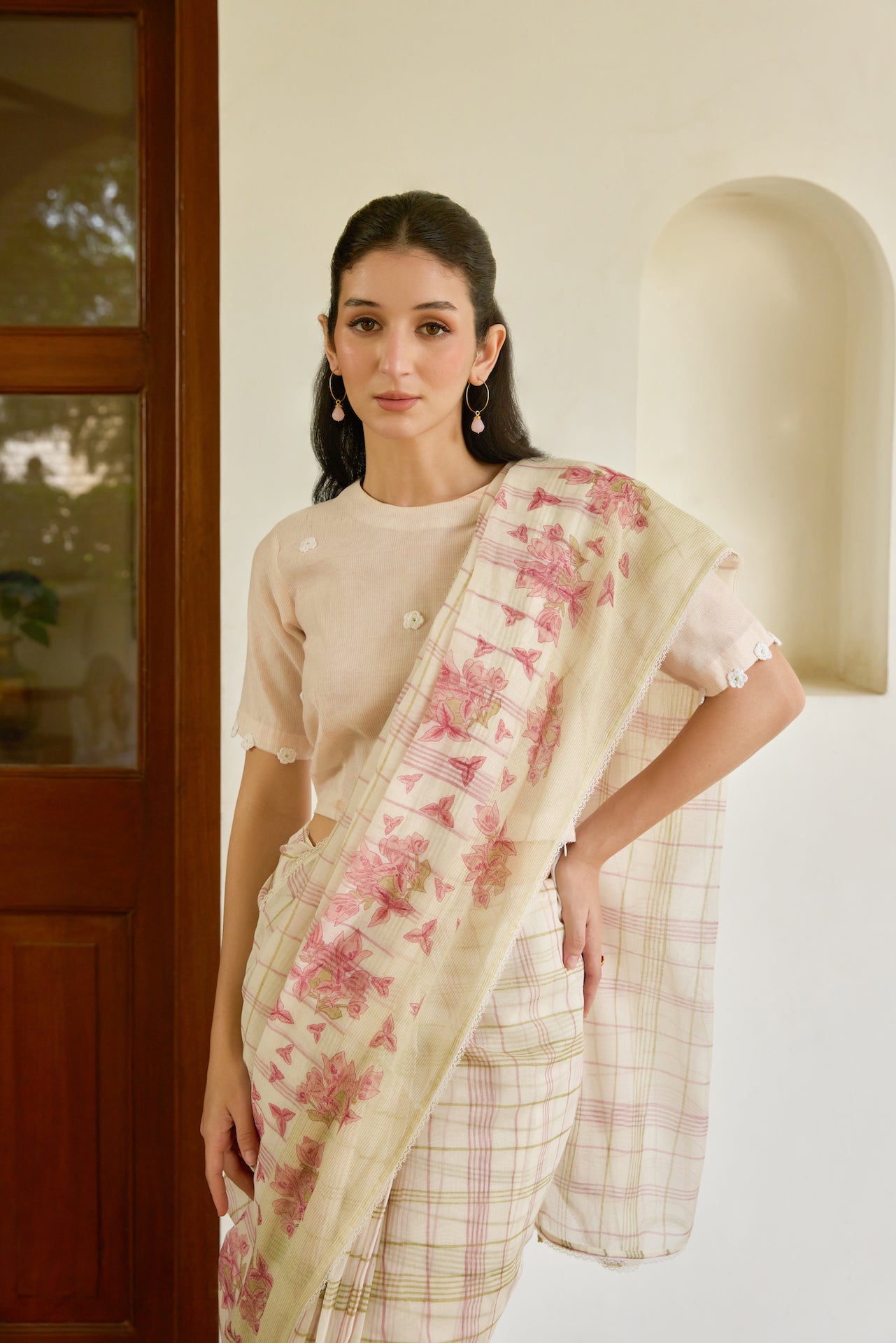PETAL PLAID SAREE WITH UNSTITCHED BLOUSE