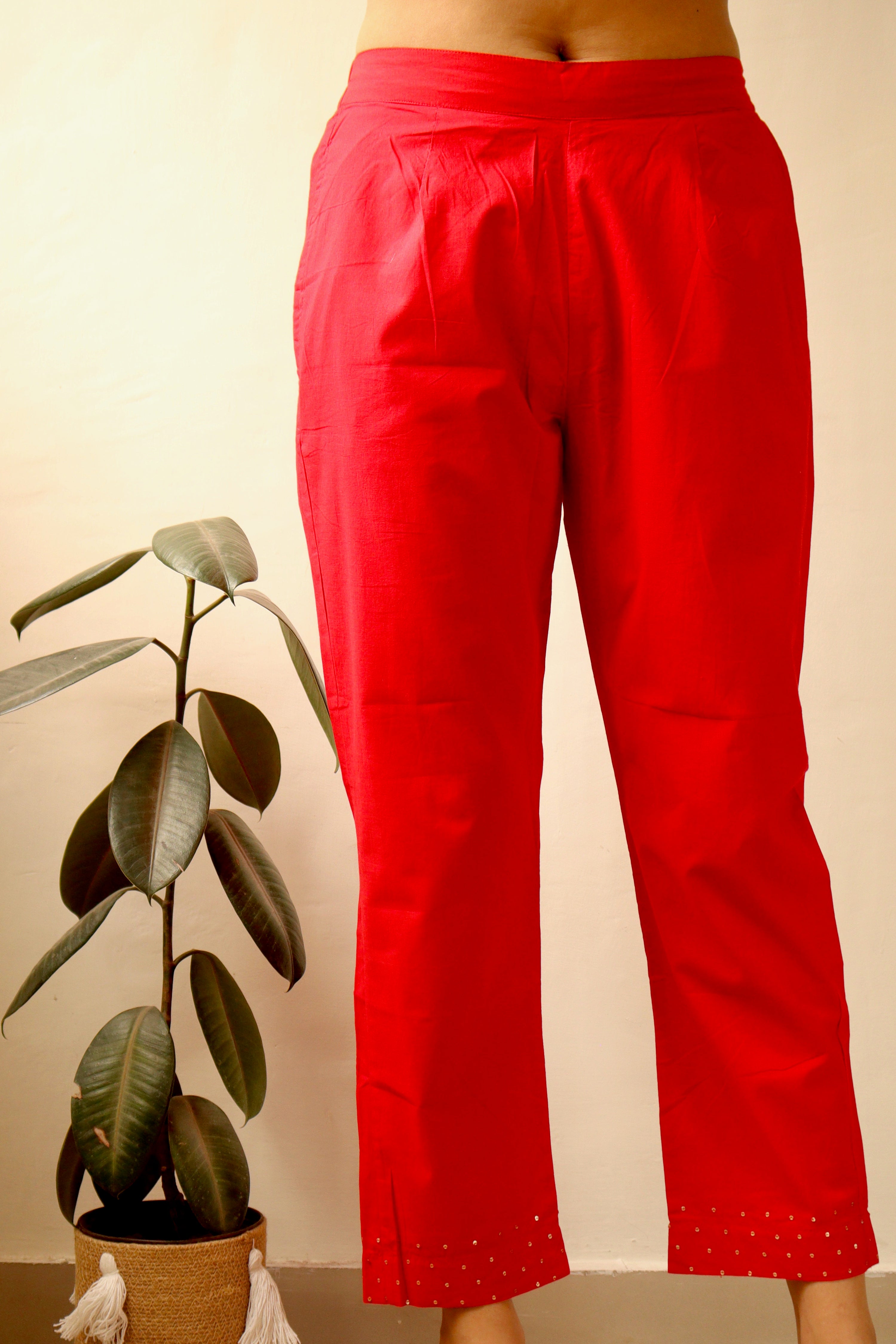 CORAL SEQUINED COTTON SLIM FIT PANTS