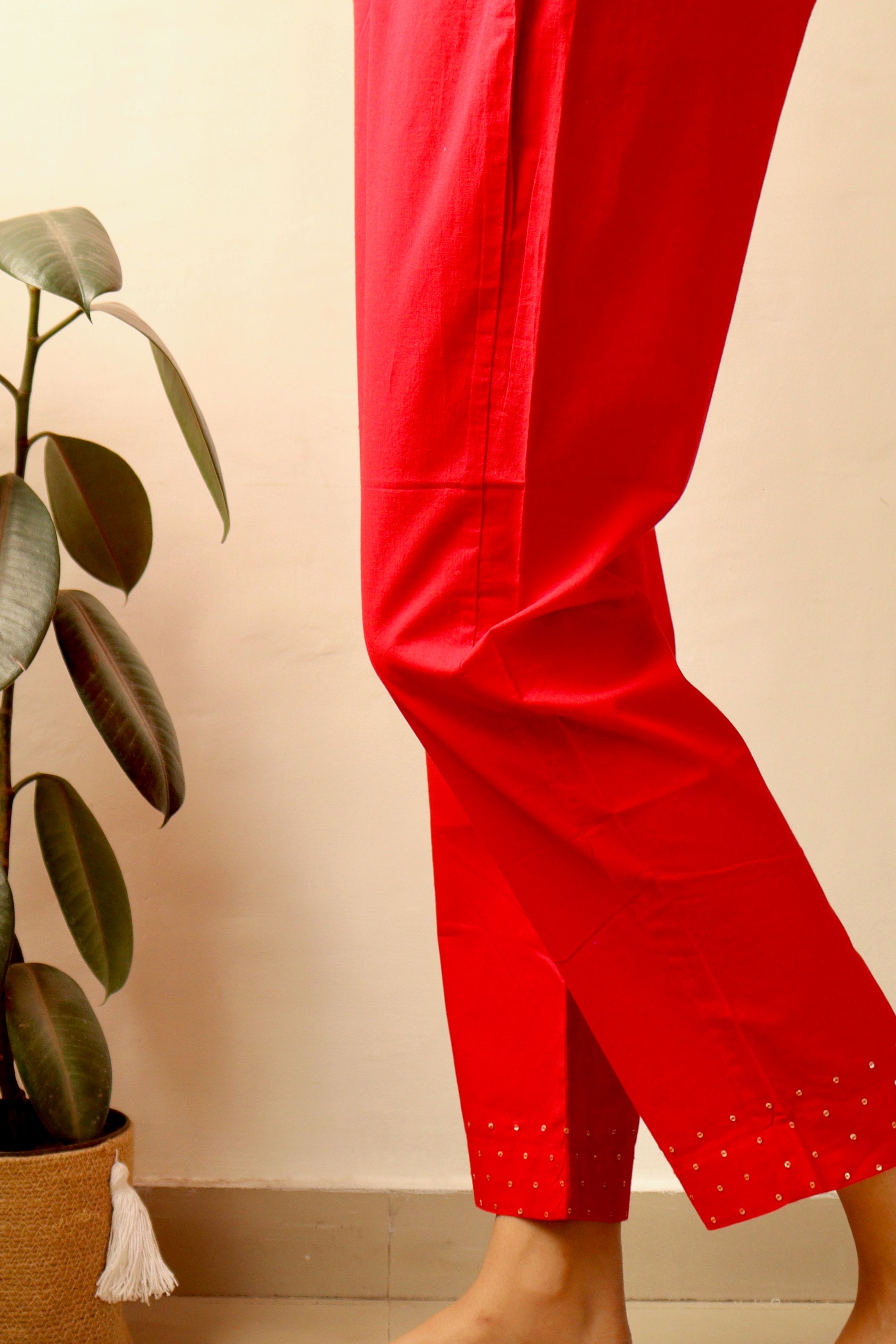 CORAL SEQUINED COTTON SLIM FIT PANTS