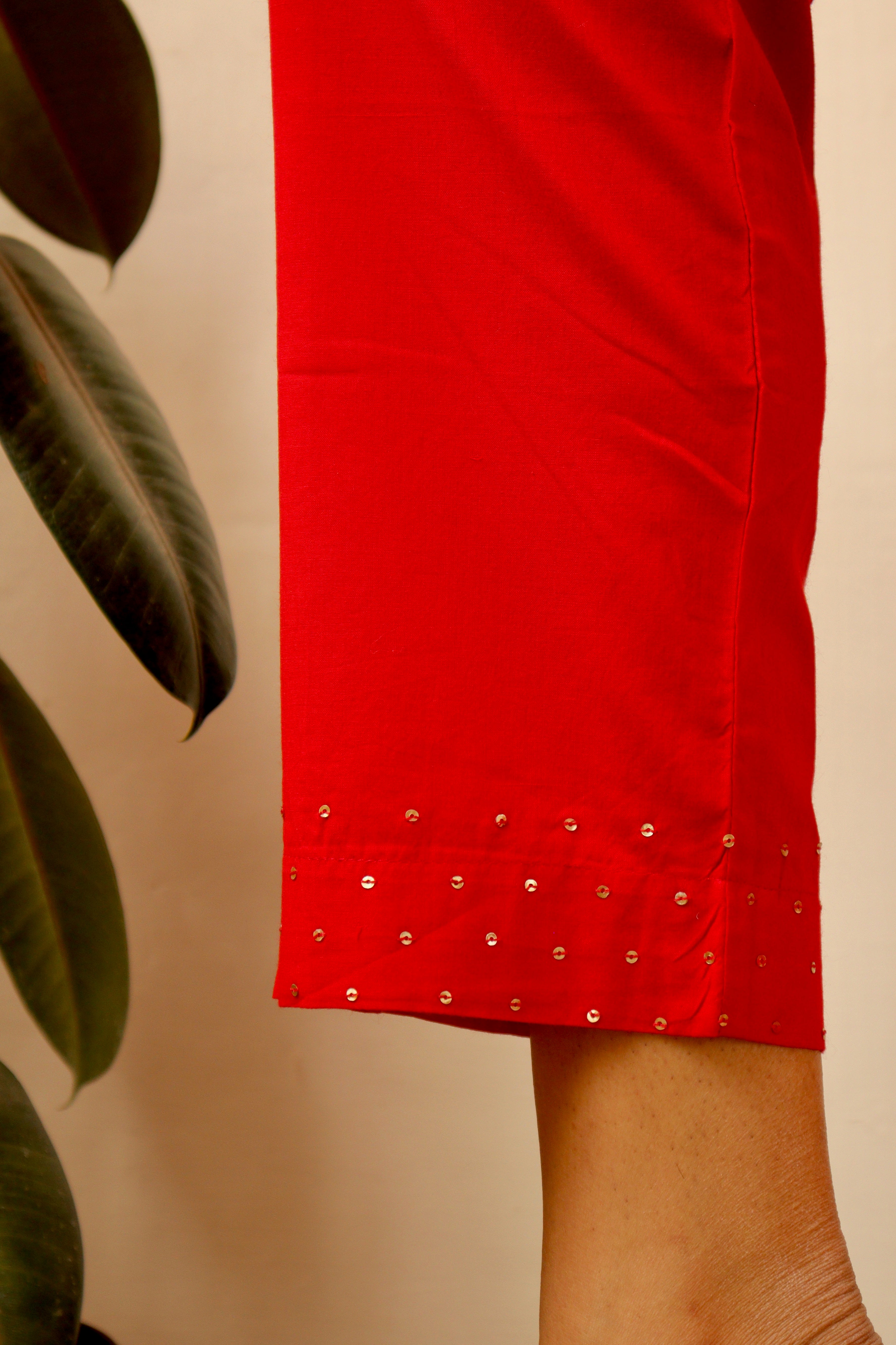 CORAL SEQUINED COTTON SLIM FIT PANTS