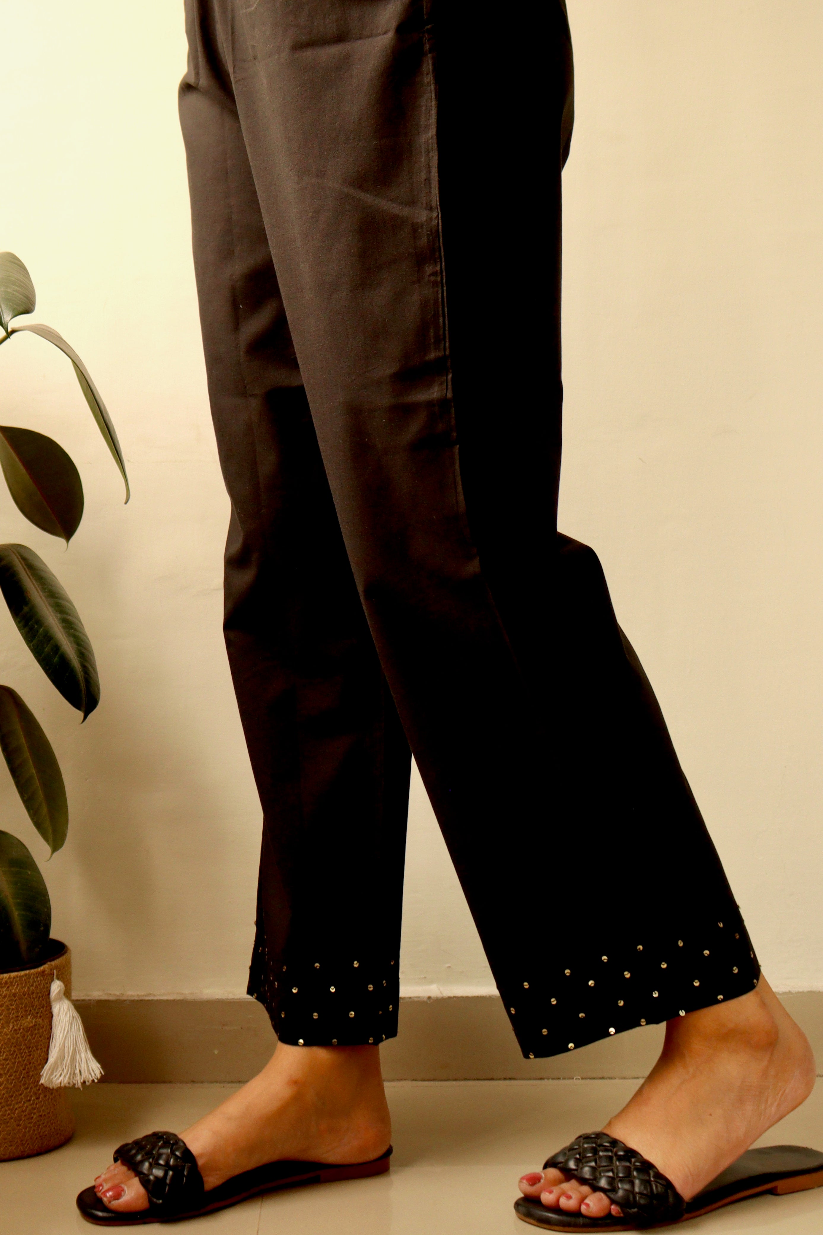 ASH BLACK SEQUIN COTTON SLIM FIT PANTS