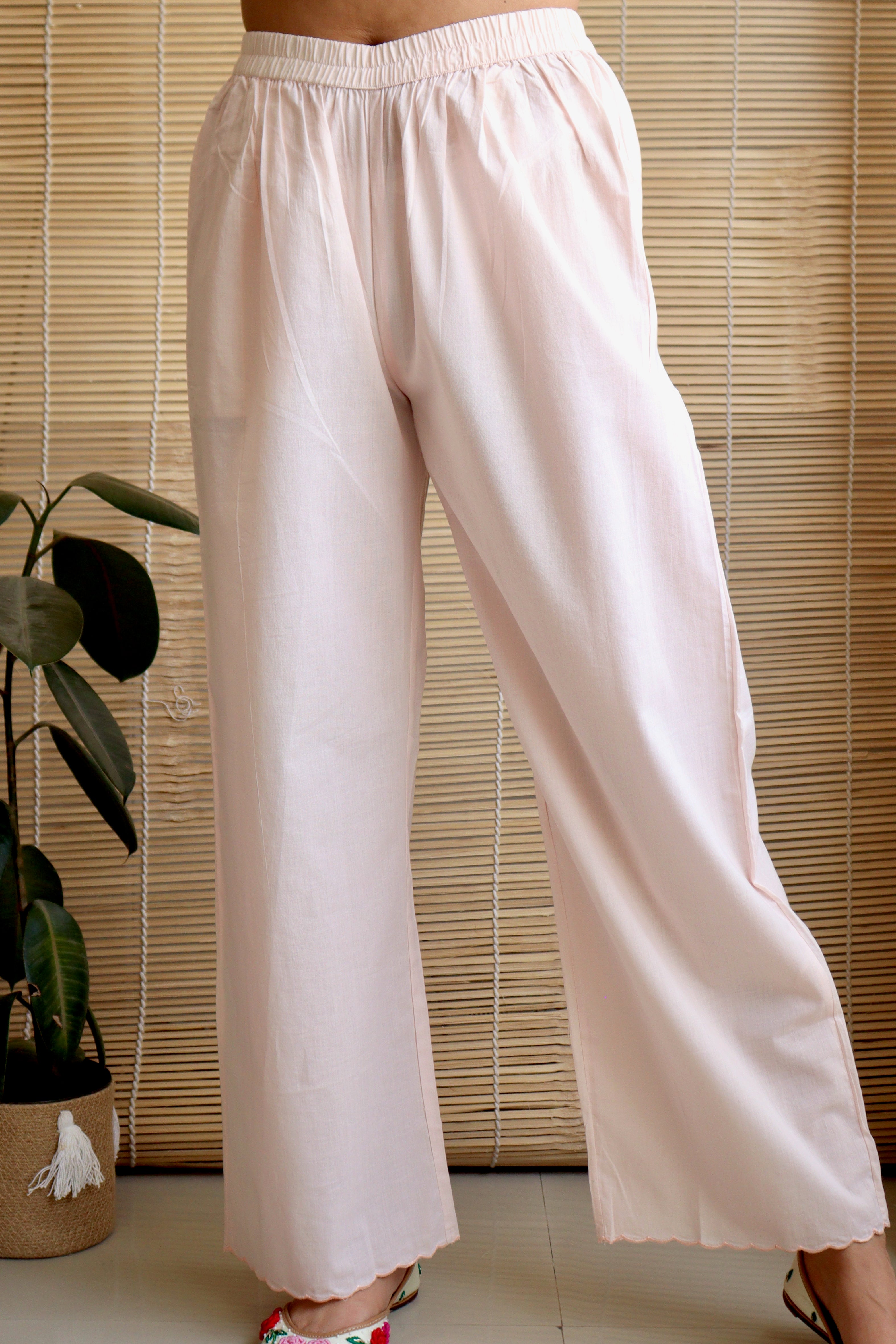 POWDER PINK SCALLOP COTTON WIDE LEG PANTS