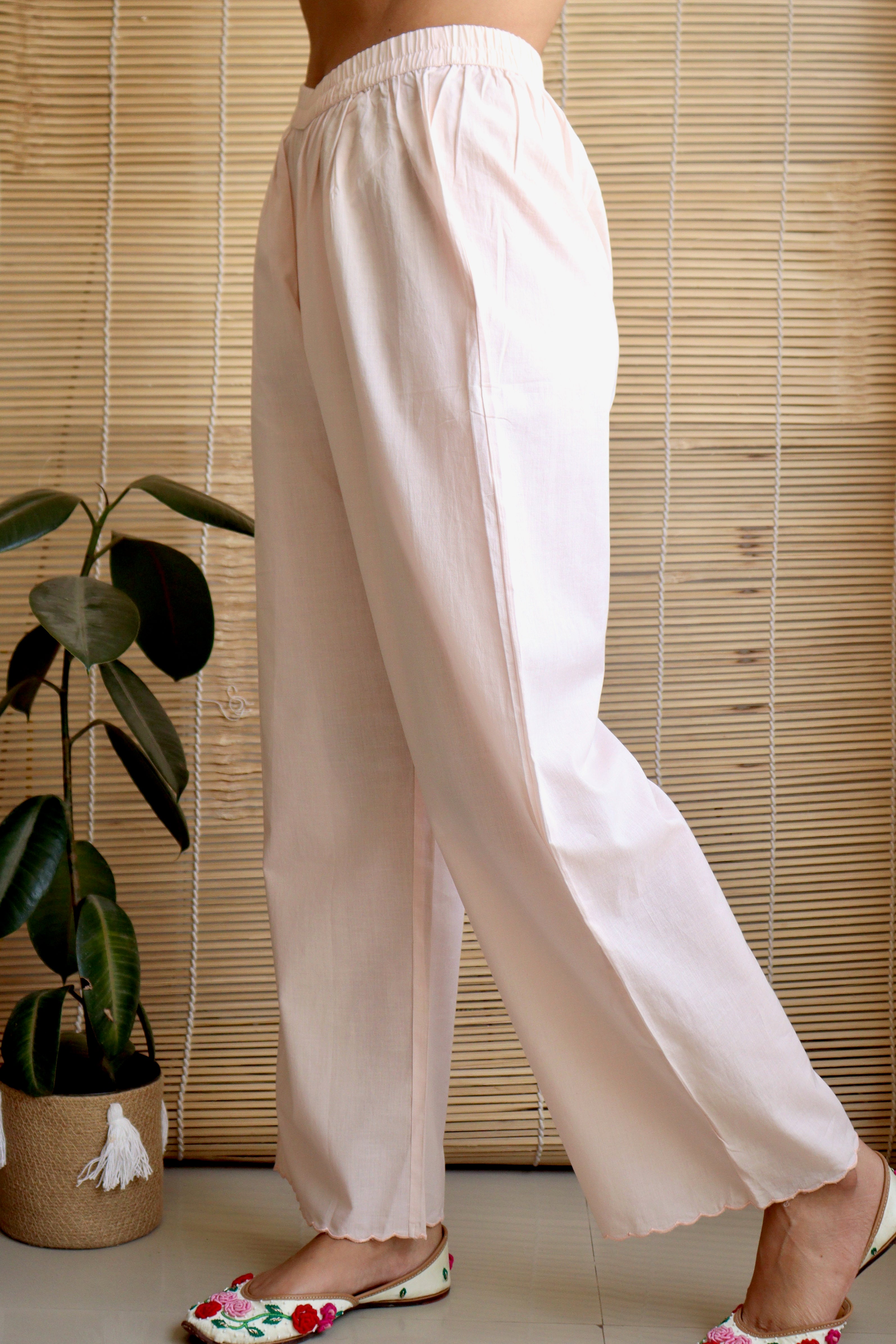 POWDER PINK SCALLOP COTTON WIDE LEG PANTS