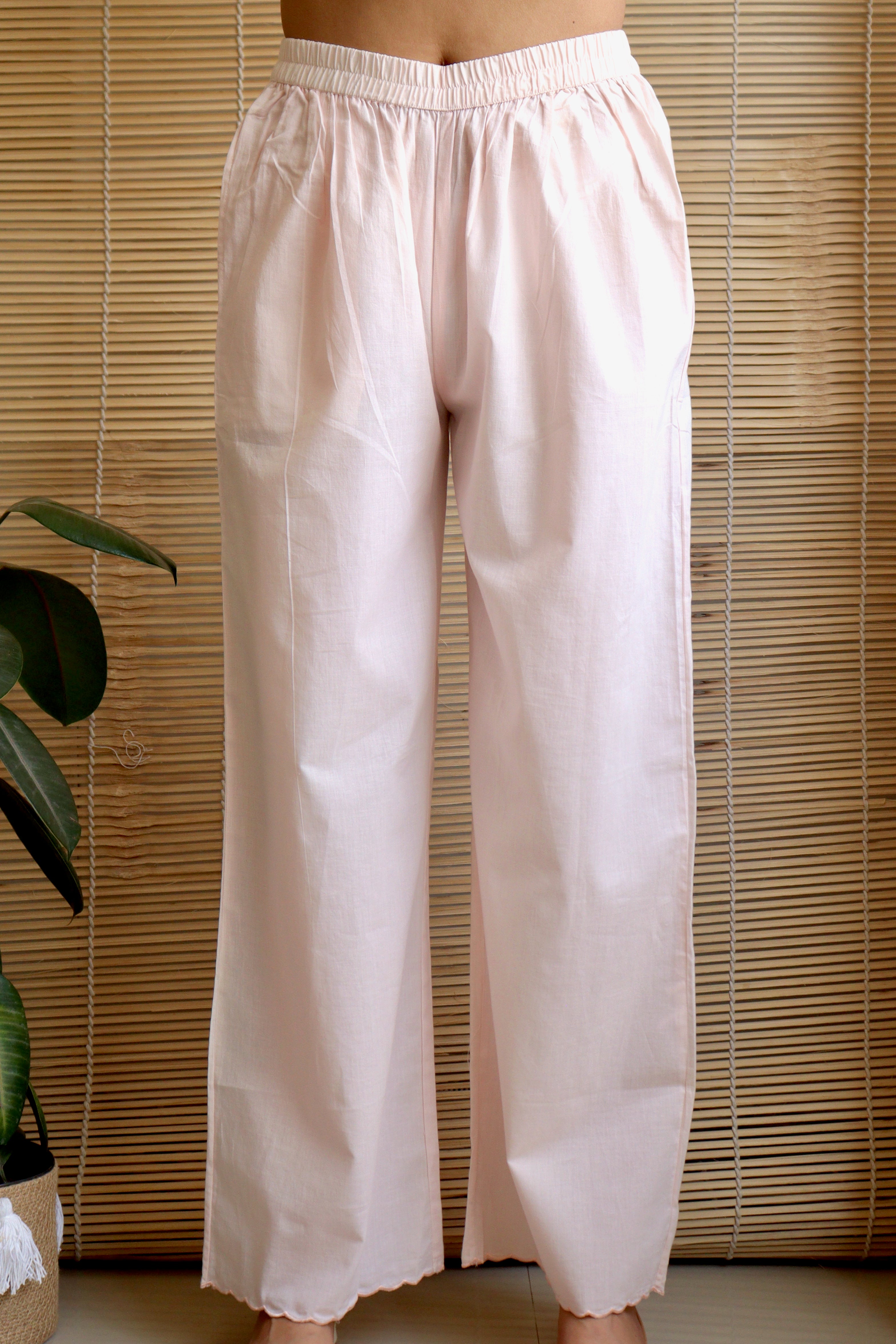 POWDER PINK SCALLOP COTTON WIDE LEG PANTS