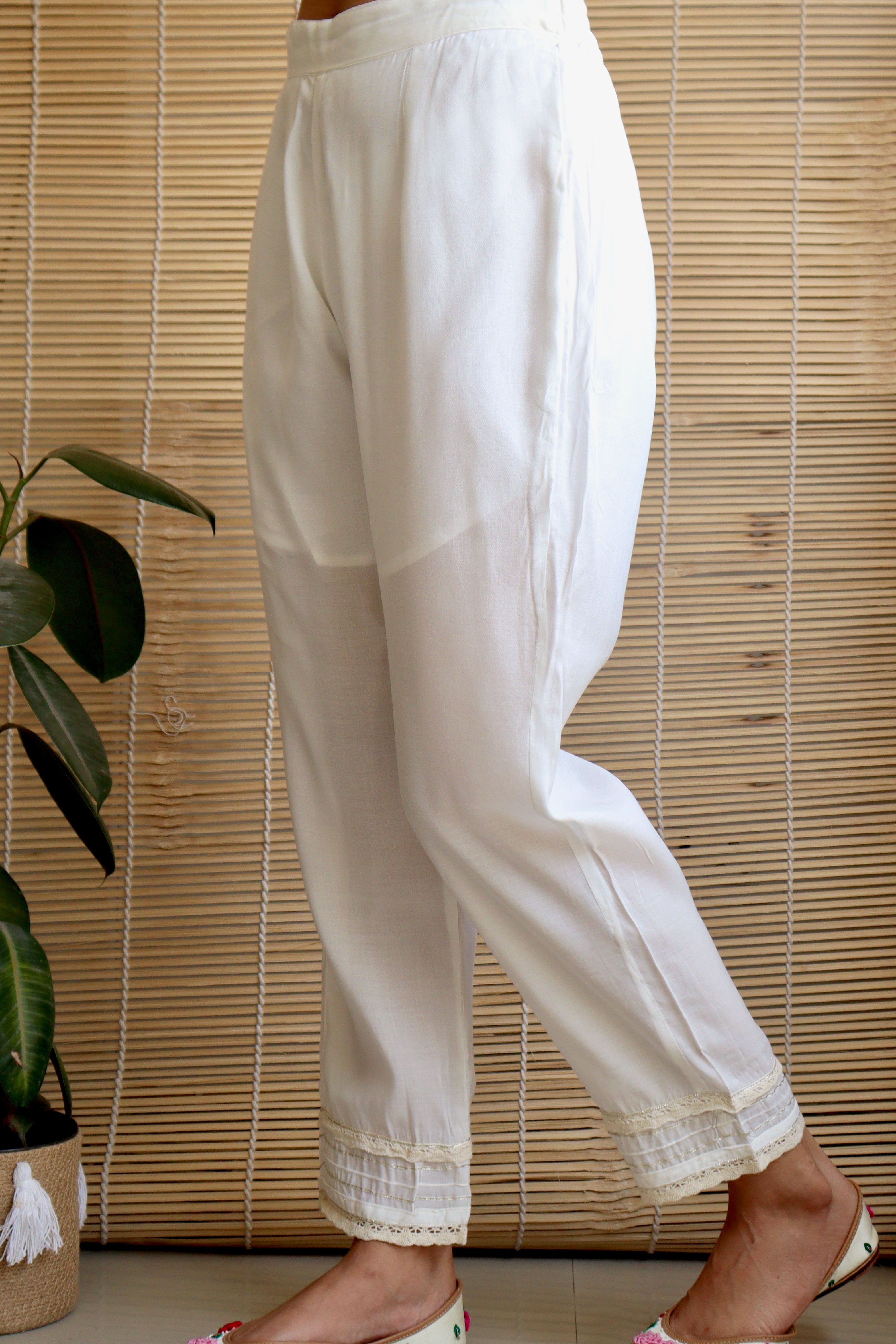 PEARL WHITE MULTILACE COTTON STRAIGHT PANTS