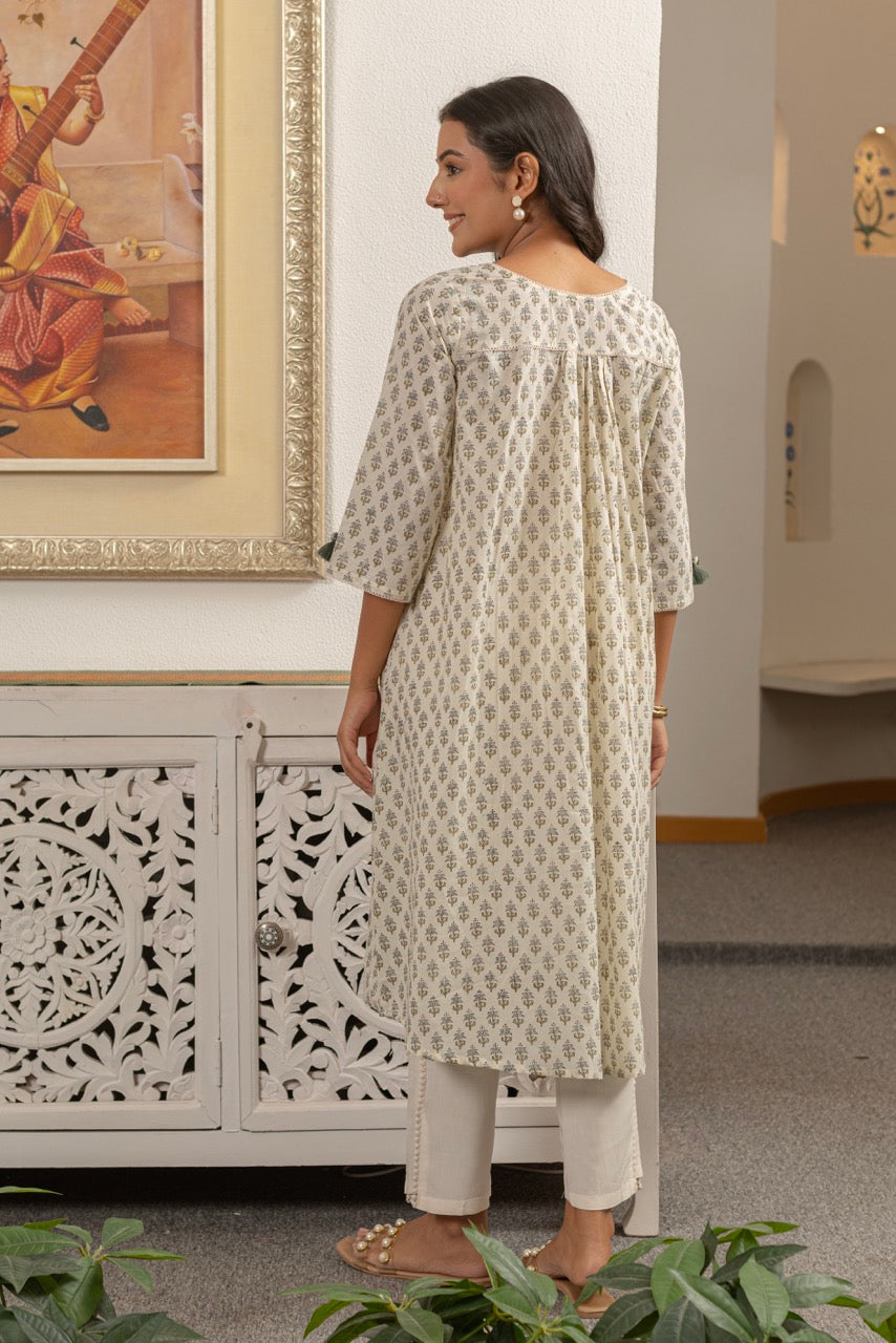 IVORY MEADOW PRINTED COTTON KURTA