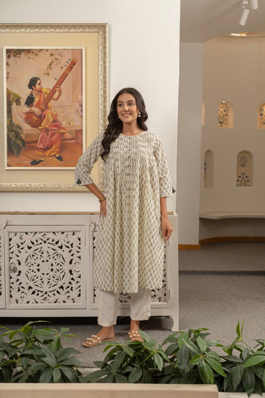 IVORY MEADOW PRINTED COTTON KURTA