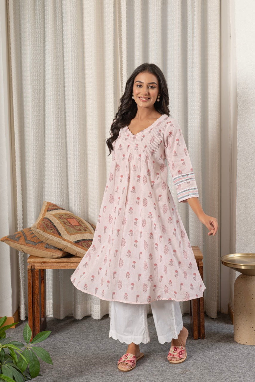 FLAMINGO PINK COTTON PRINTED KURTA