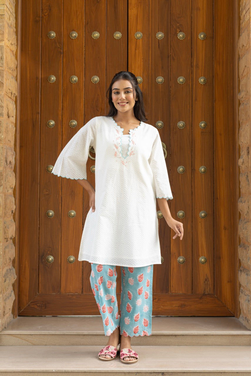 SNOWFLAKE WHITE COTTON DOBBY KURTA SET