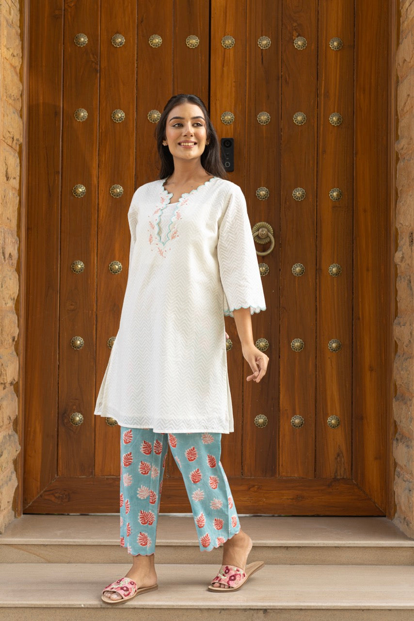 SNOWFLAKE WHITE COTTON DOBBY KURTA