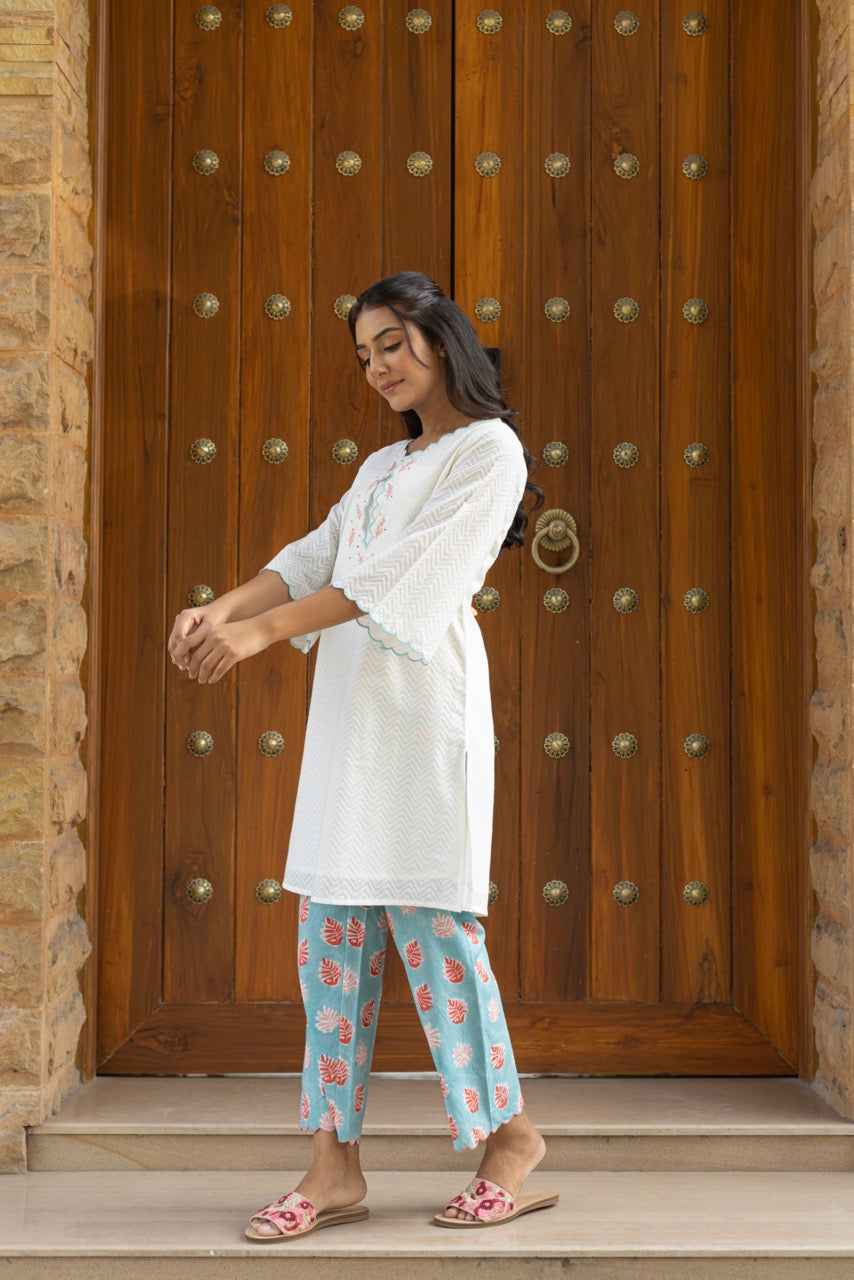 SNOWFLAKE WHITE COTTON DOBBY KURTA SET