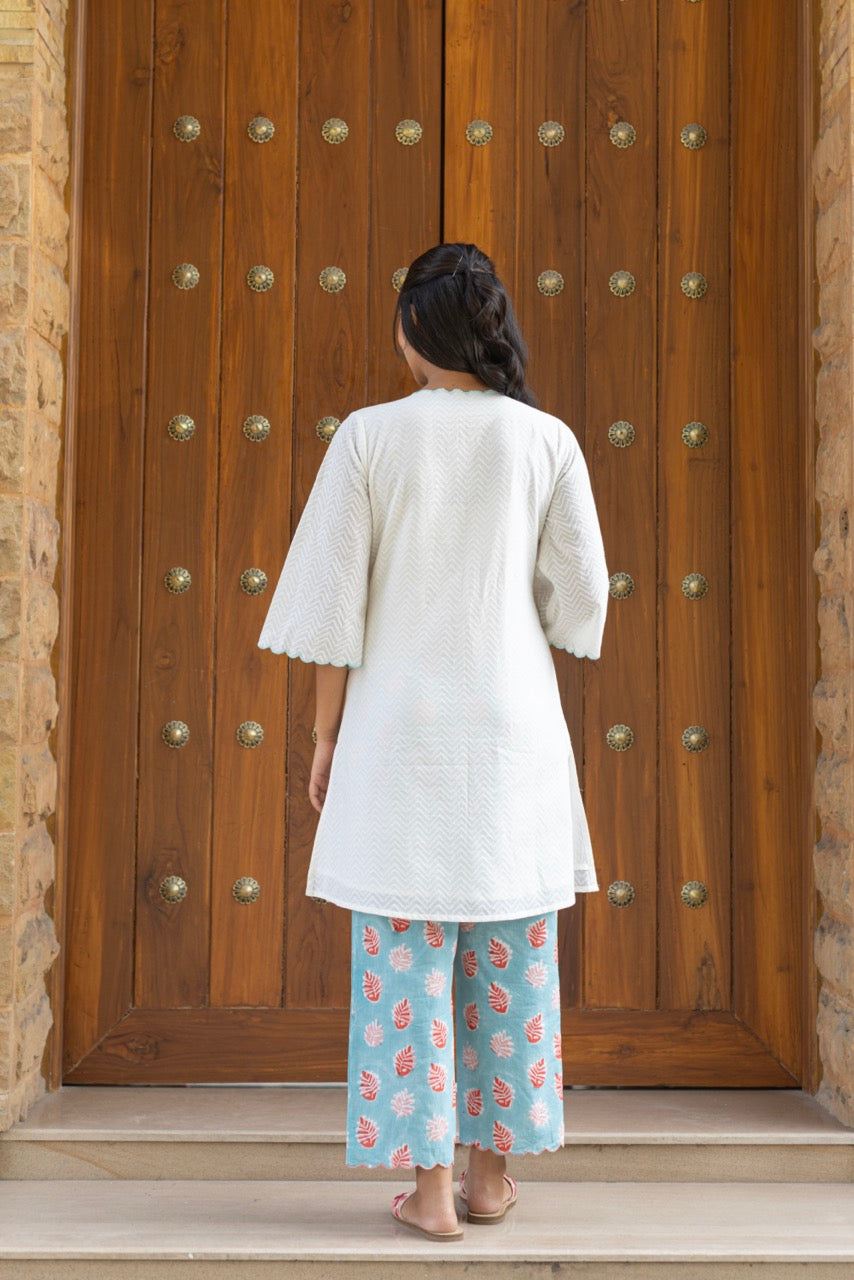 SNOWFLAKE WHITE COTTON DOBBY KURTA SET