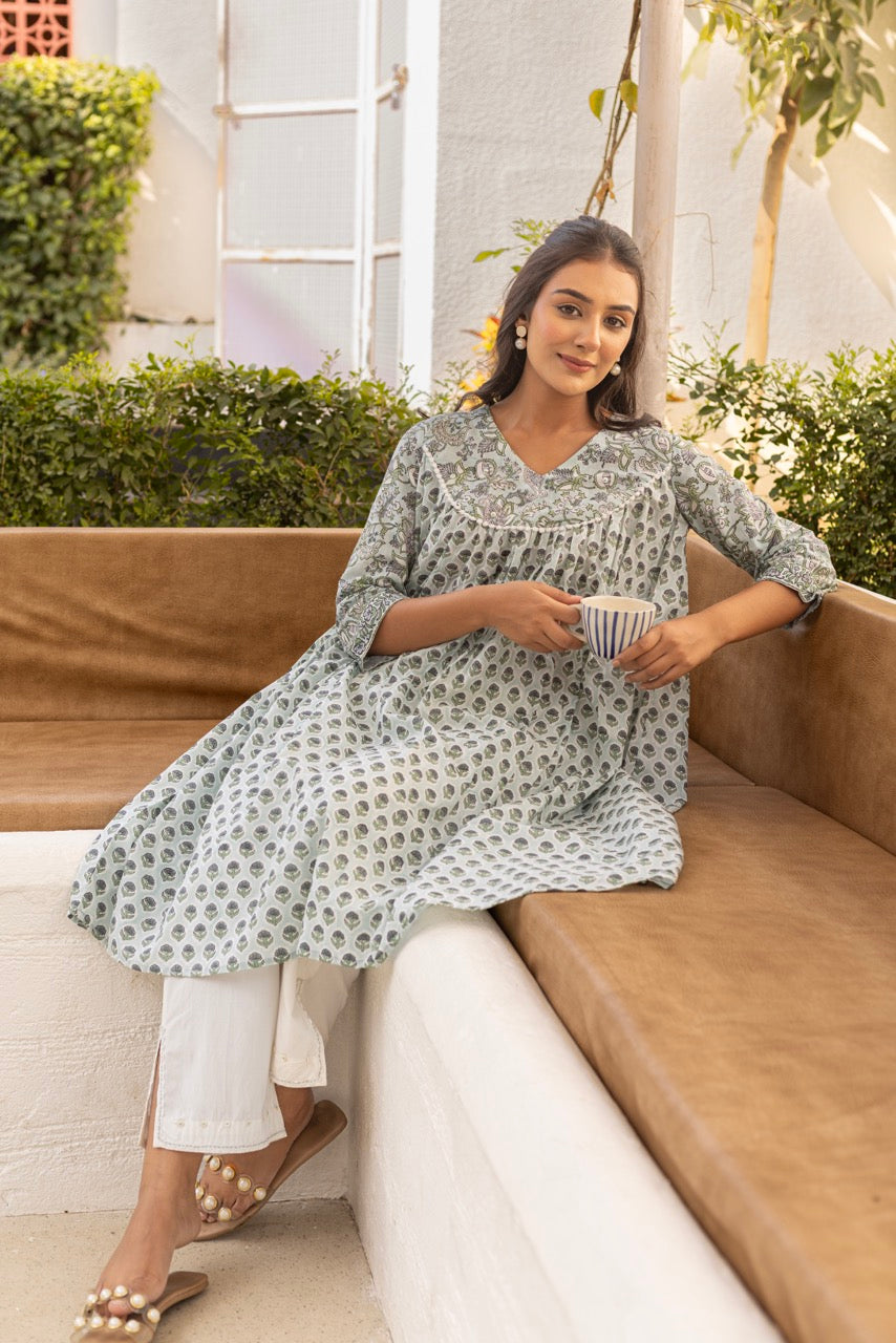 AQUA ALLURE PRINTED COTTON KURTA