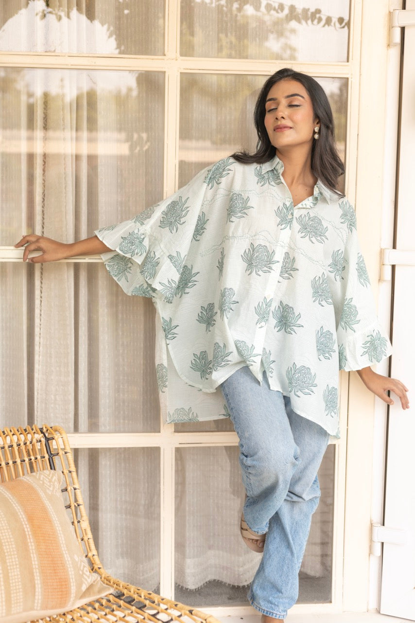 SEASIDE GREEN PRINTED COTTON SHIRT