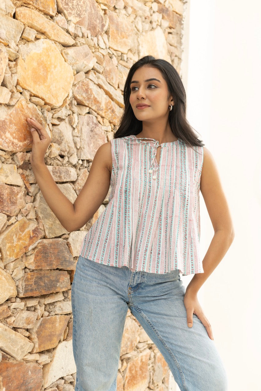 TAN LINEAR COTTON TOP