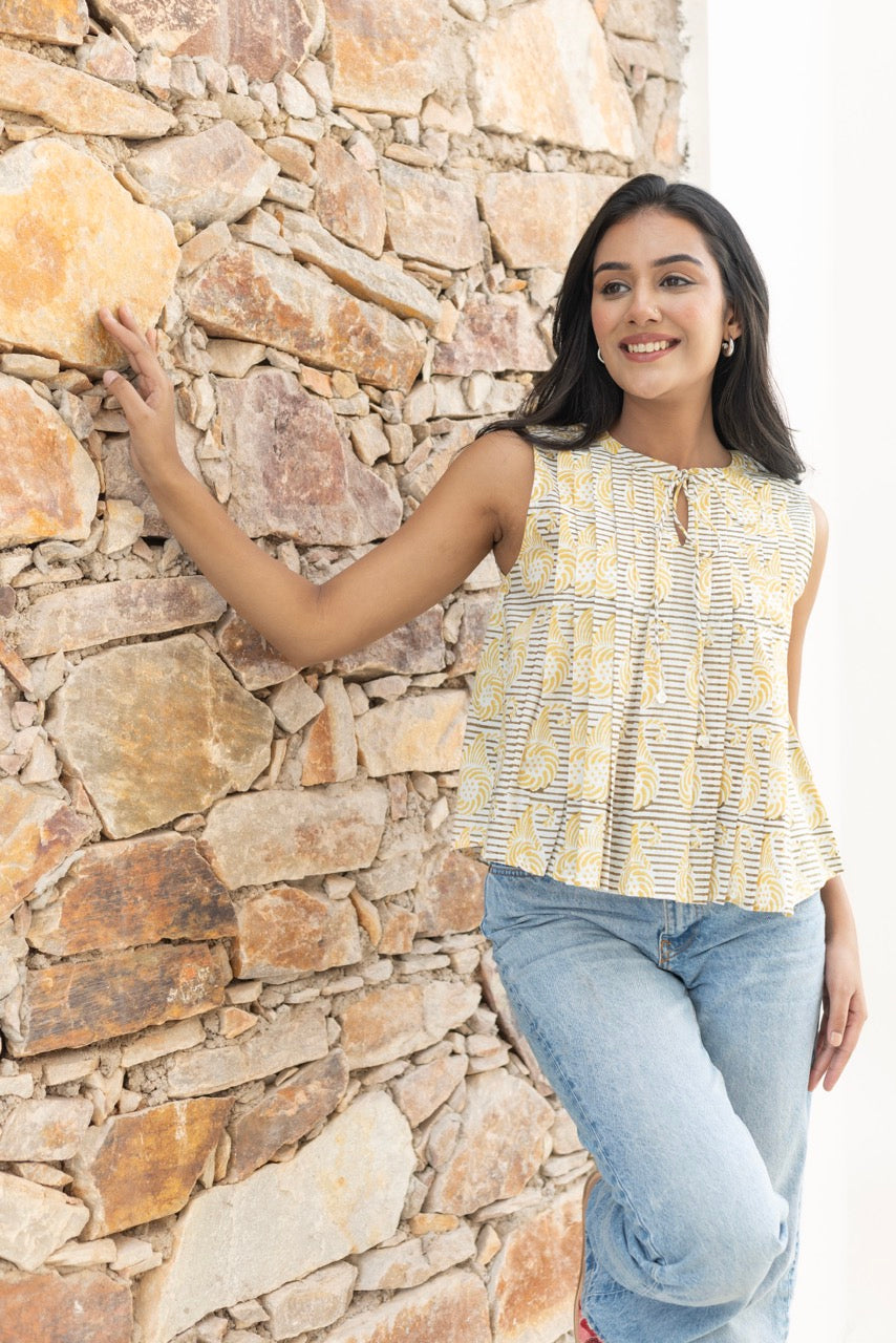 TAN LEMONADE PRINTED COTTON TOP