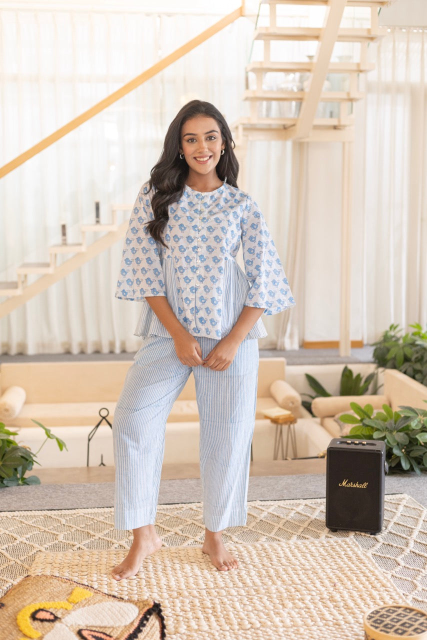 BLUE BIRDY COTTON PRINTED LOUNGE SET