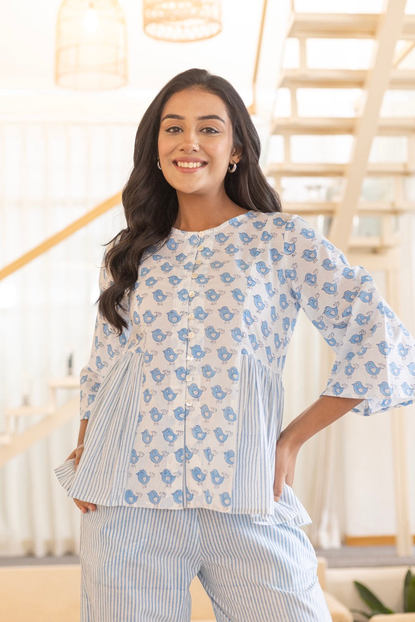 BLUE BIRDY COTTON PRINTED LOUNGE SET