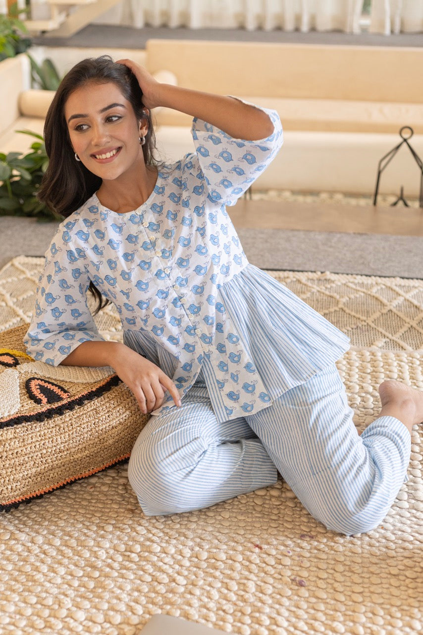 BLUE BIRDY COTTON PRINTED LOUNGE TOP