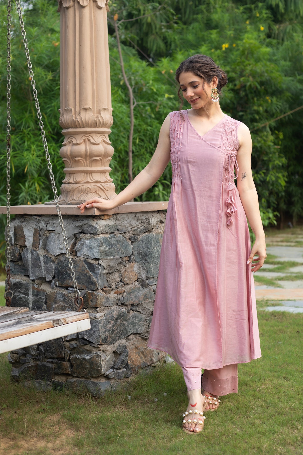 MEHER PINK CHANDHERI ANGRAKHA KURTA SET