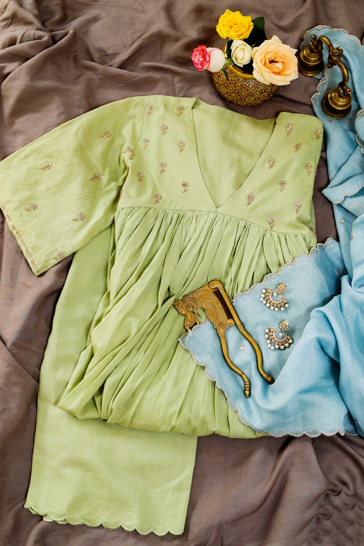 AAMODINI SALMA-AARI KURTA SET - MINT GREEN