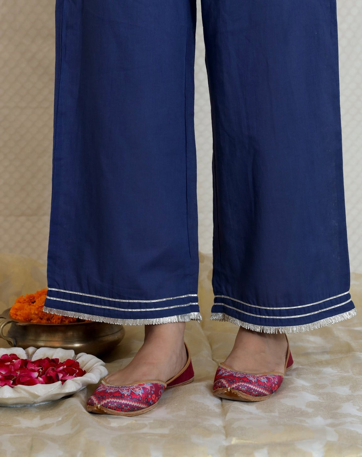 NAVY BLUE GOTA COTTON DOBBY WIDE LEG PANTS