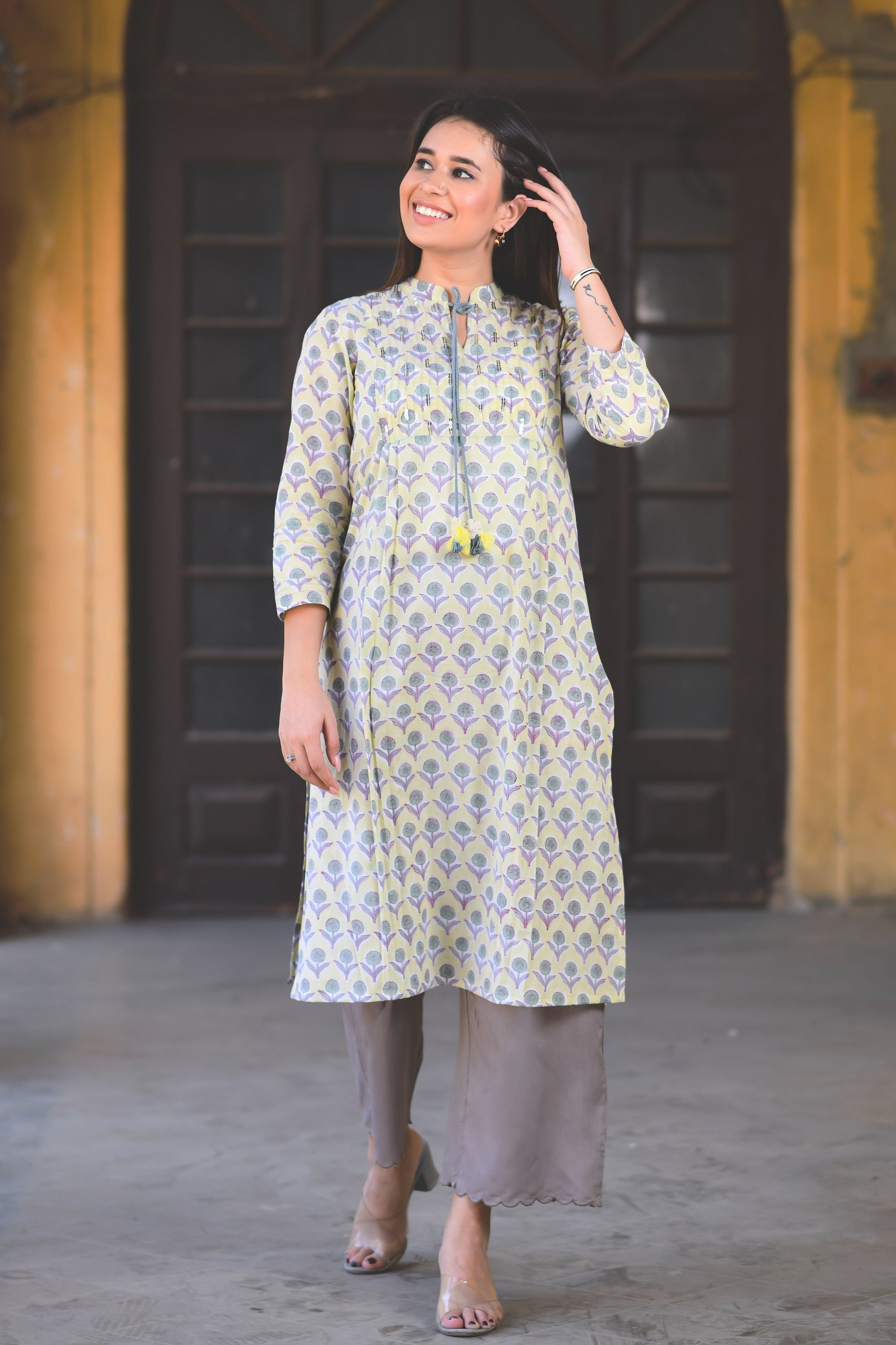 SOFT YELLOW HAND SEQUINED KURTA
