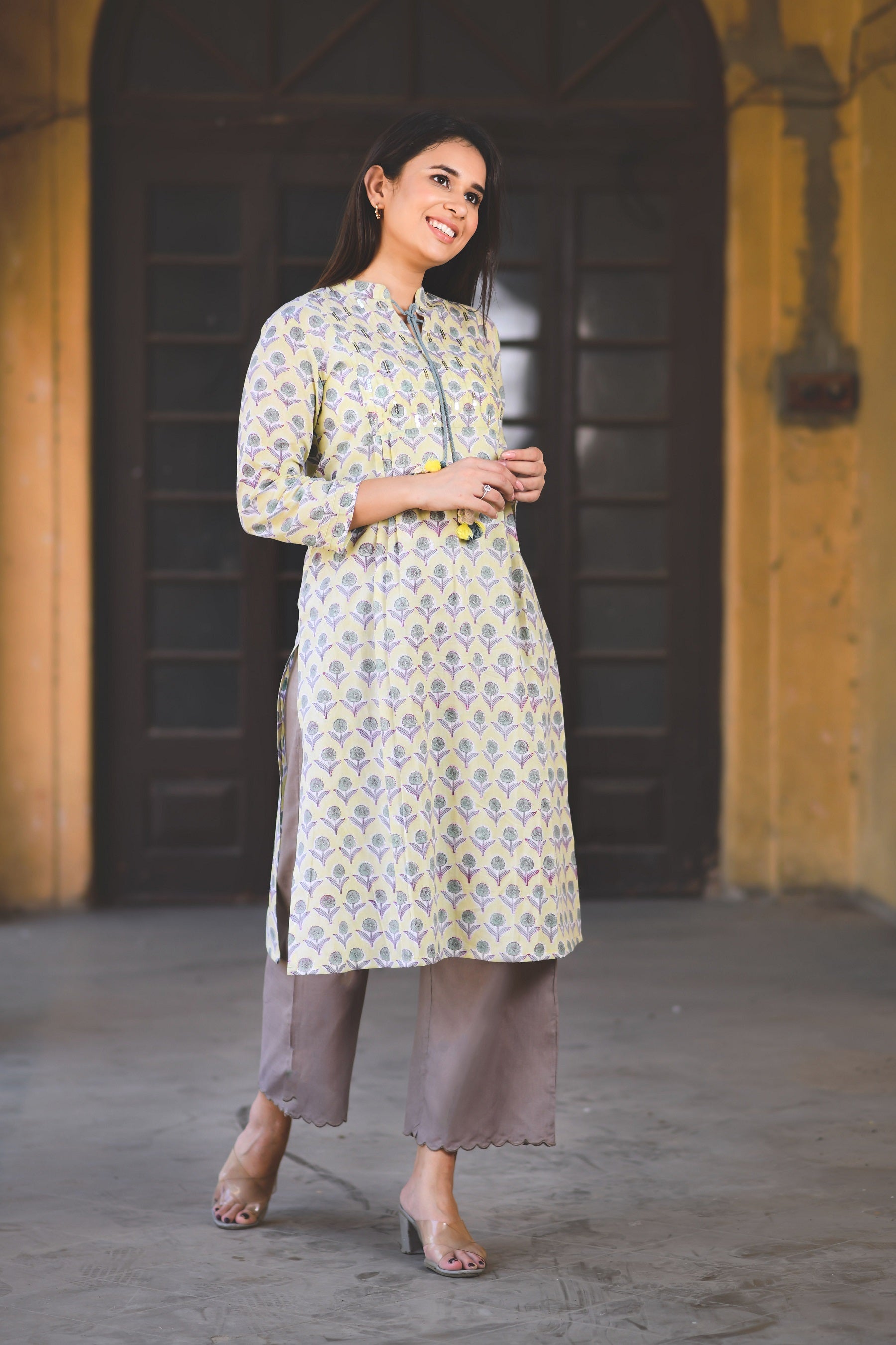 SOFT YELLOW HAND SEQUINED KURTA