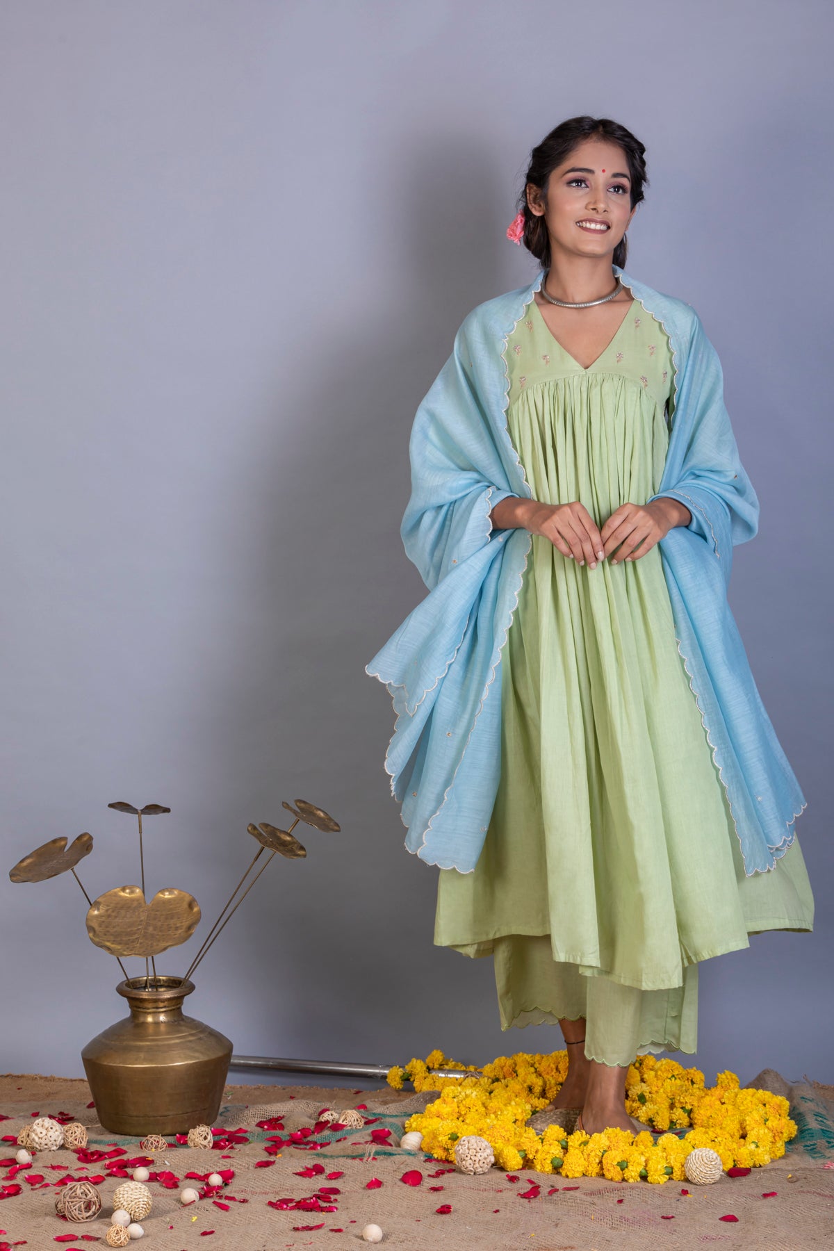 AAMODINI SALMA-AARI KURTA SET - MINT GREEN