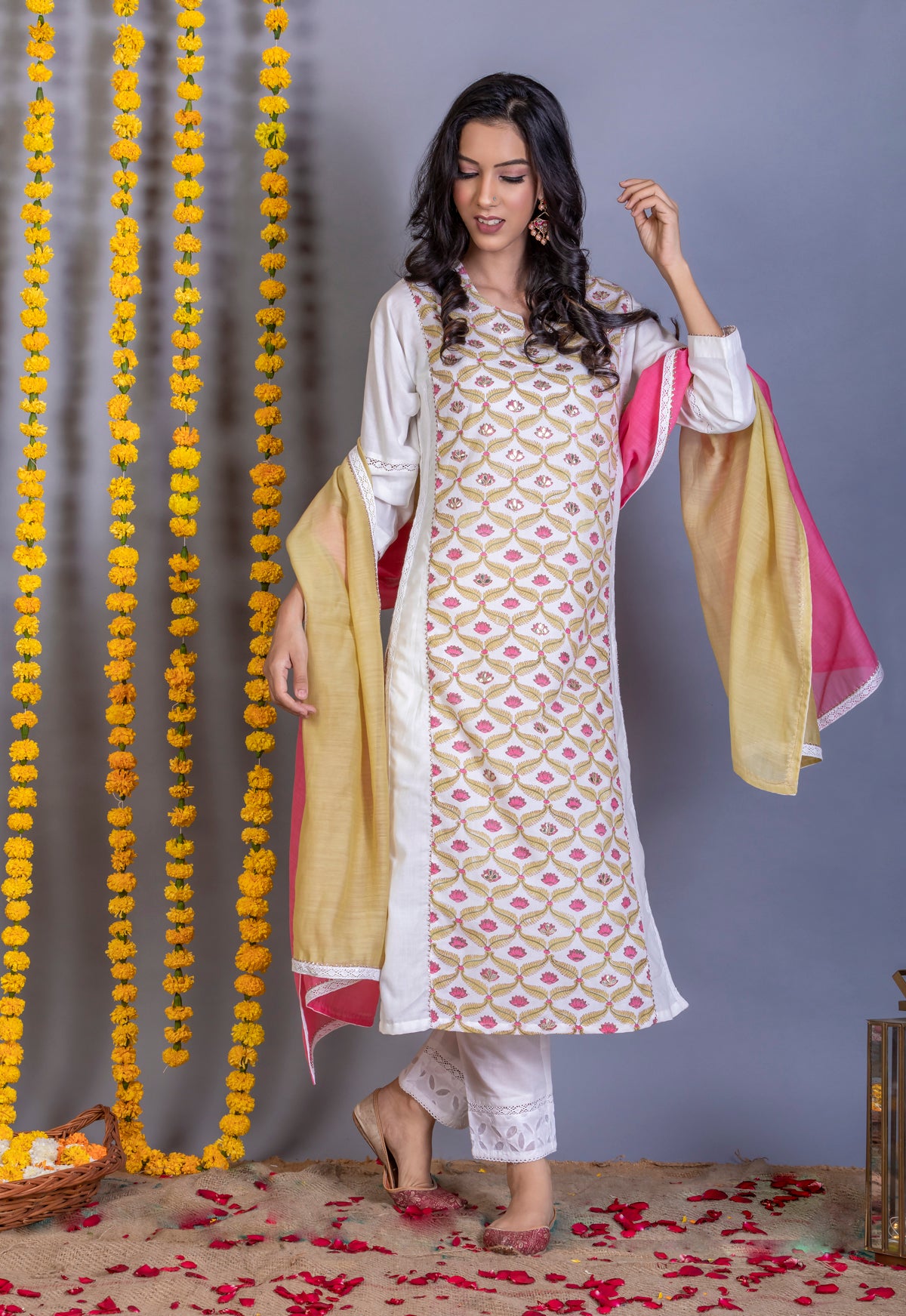 LOTUS PRINT SOFT YELLOW KURTA